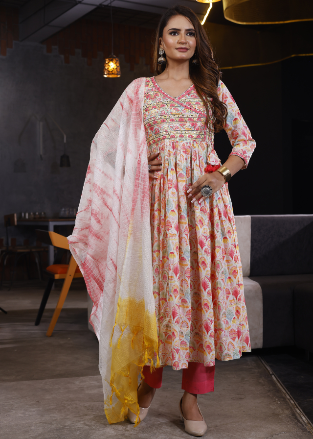 Pink Floral Angrakha Anarkali Perfect Summer-Spring Style In Modal Fabric