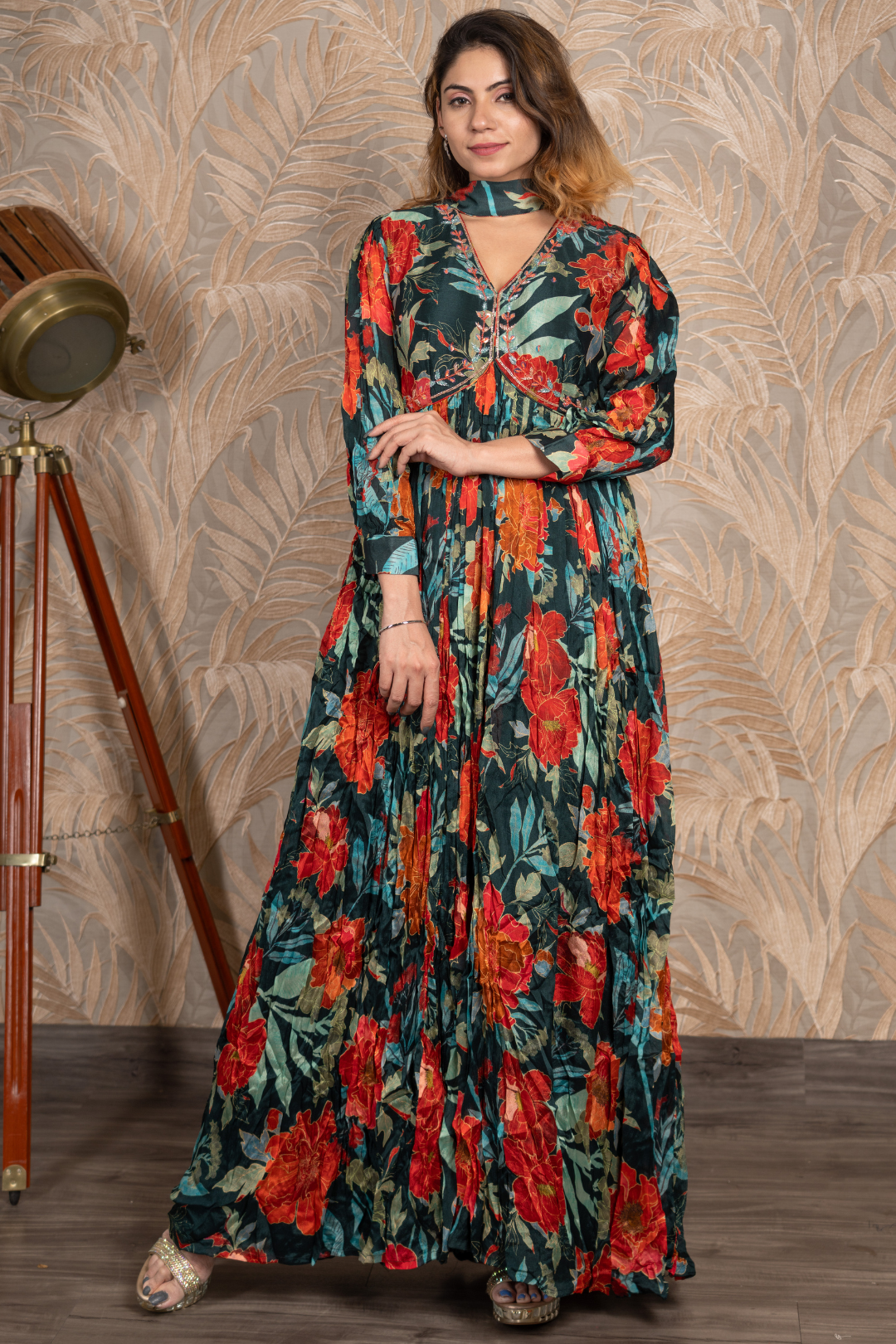 Green Floral Alia Cut Anarkali with Stylish Dupatta
