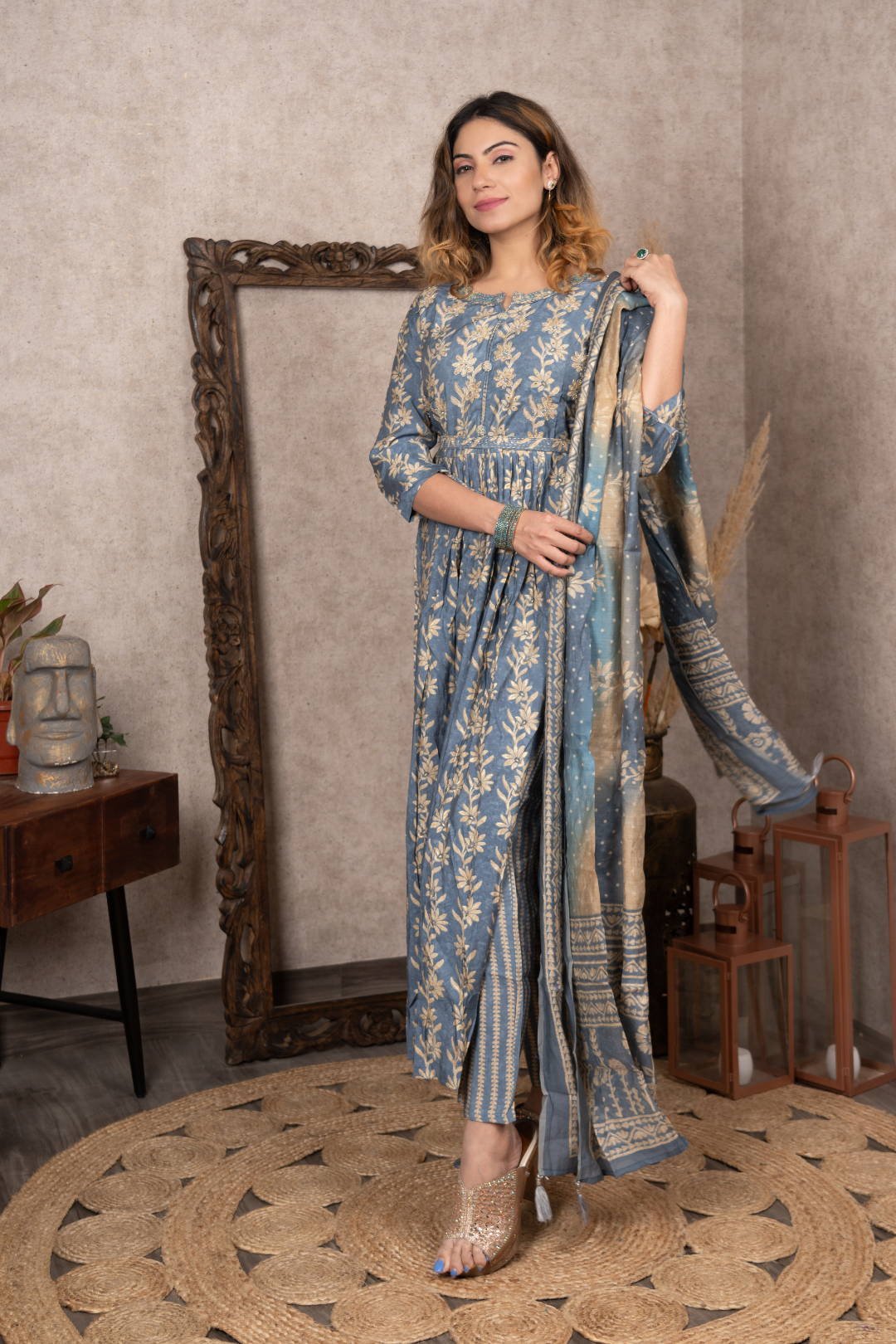 Blue Embroidered Nyra Cut Suit Set
