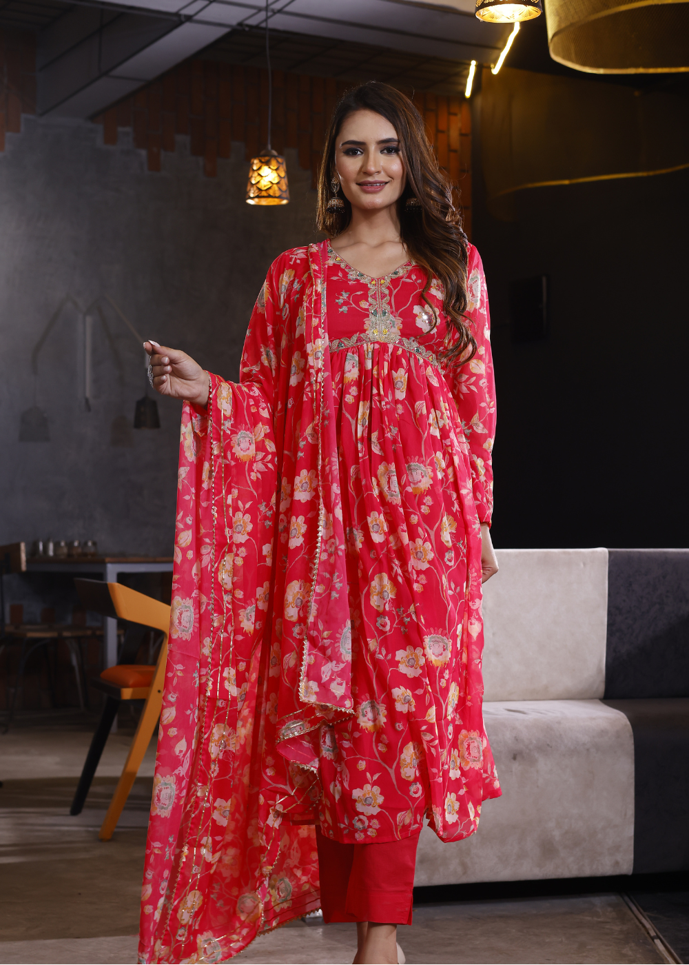 Red Suit Set Featuring Floral Design In Elegant Chinon Fabric.