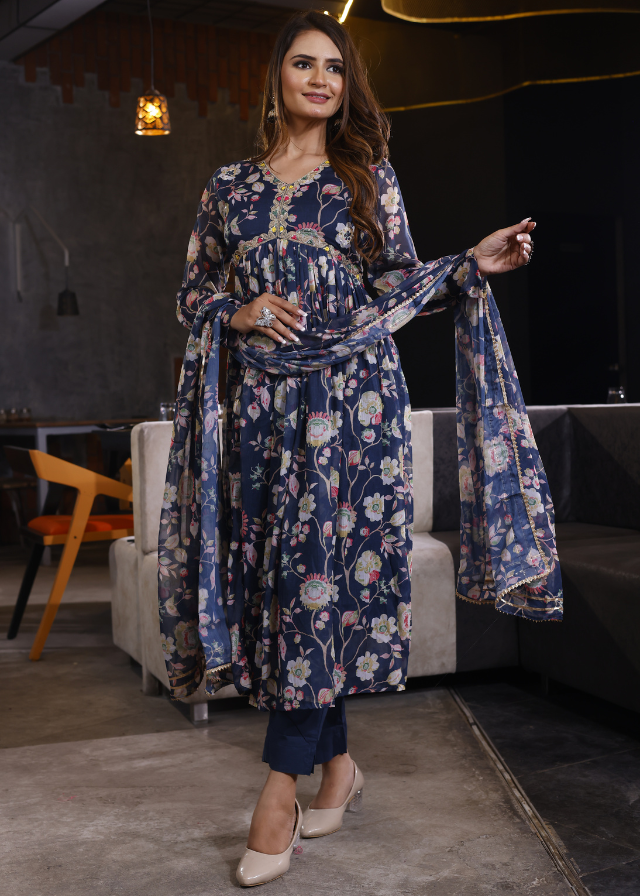 Blue Suit Set Featuring Floral Design In Elegant Chinon Fabric.