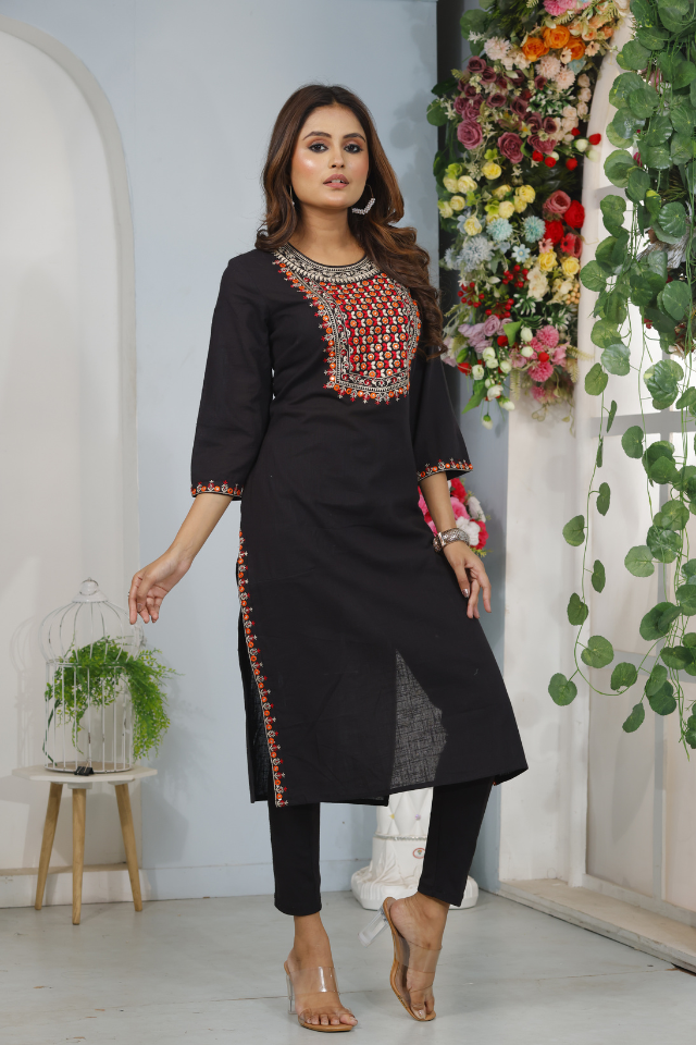 Black Pure Cotton kurti with Mirror work