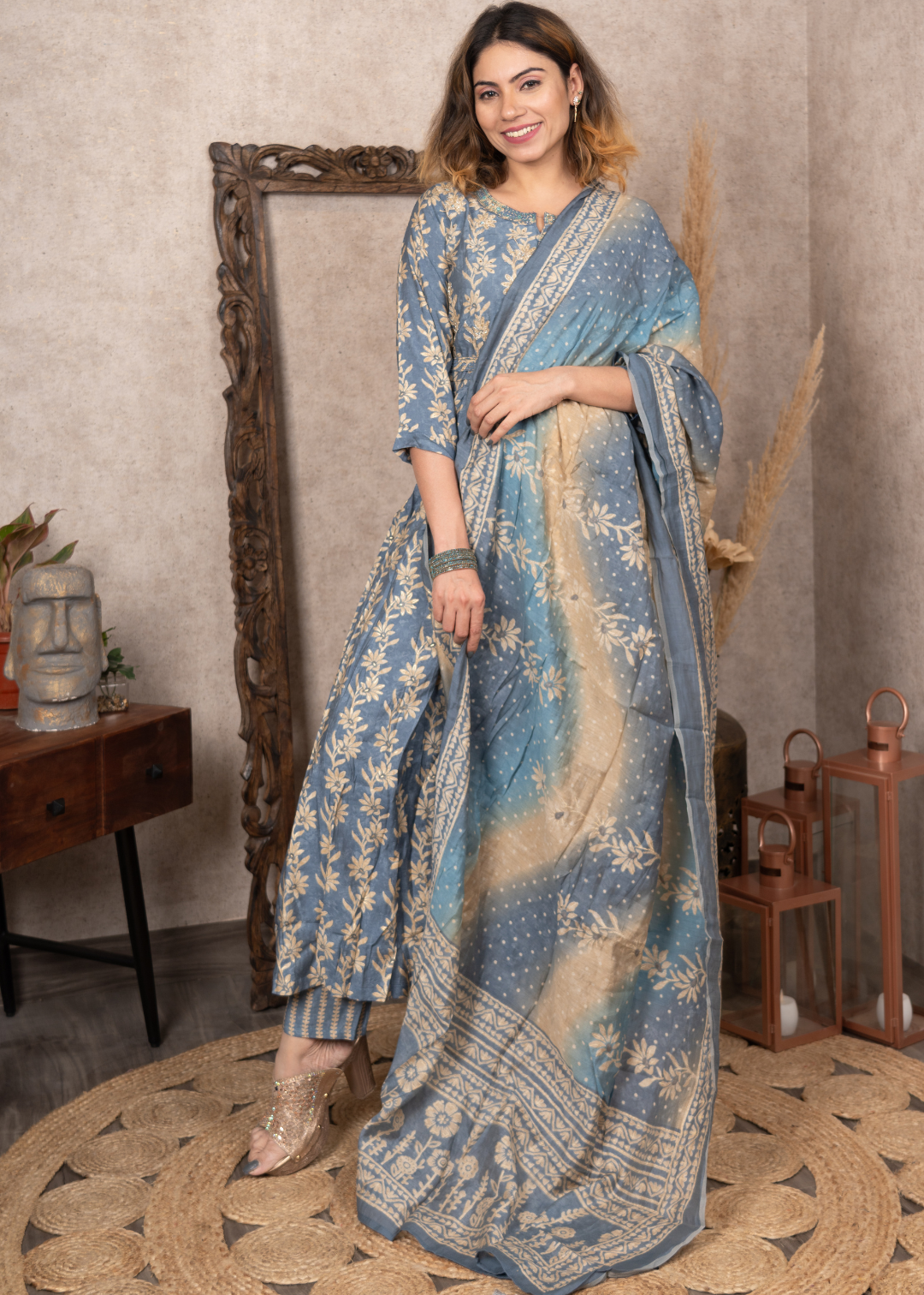 Blue Embroidered Naira Cut Suit Set