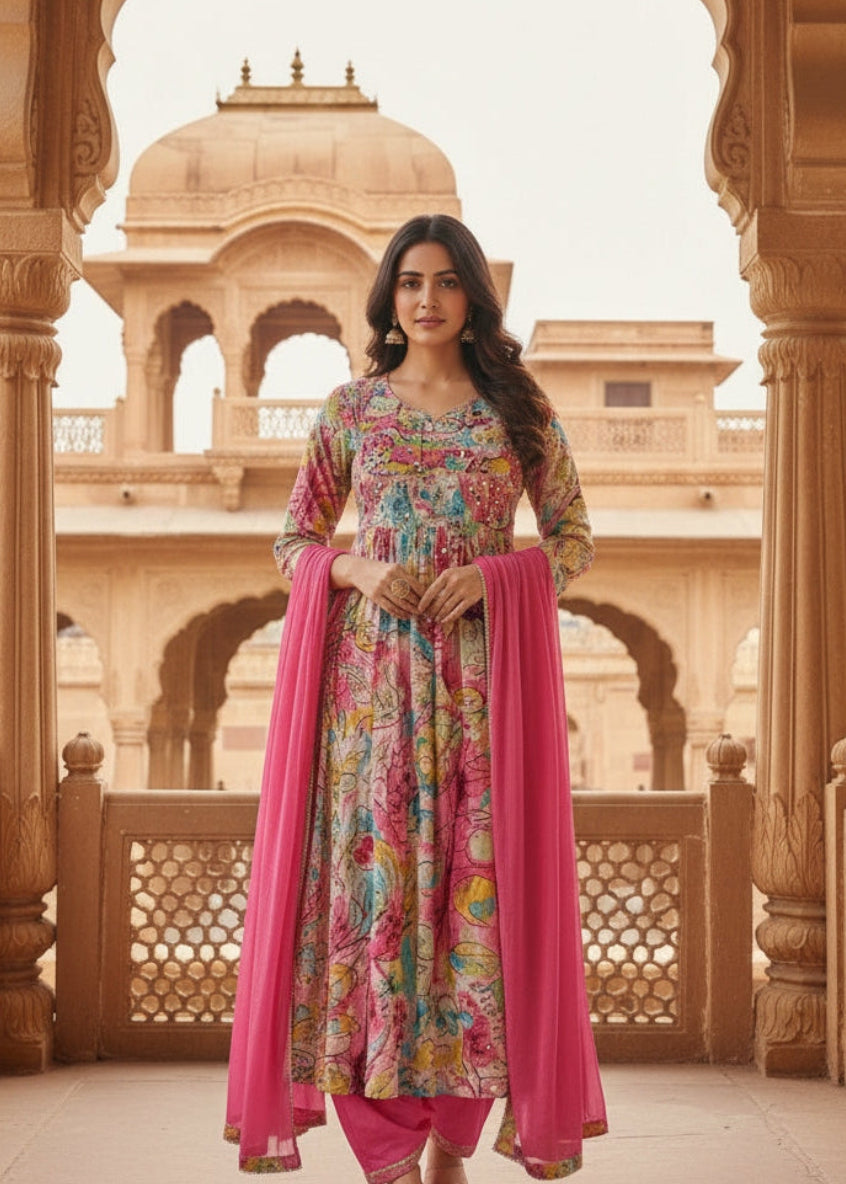Vibrant Pink Multicolour Printed Kurti With Mirror Work