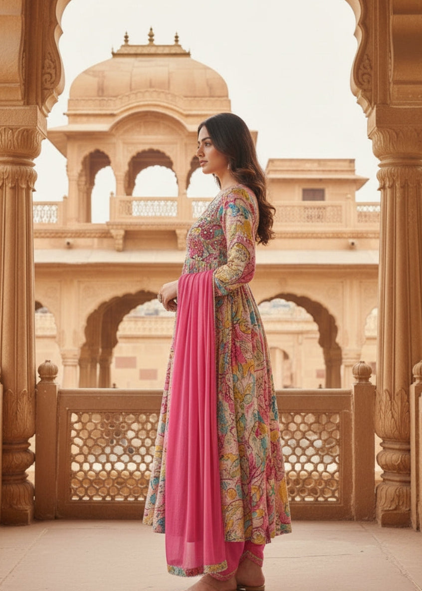 Vibrant Pink Multicolour Printed Kurti With Mirror Work