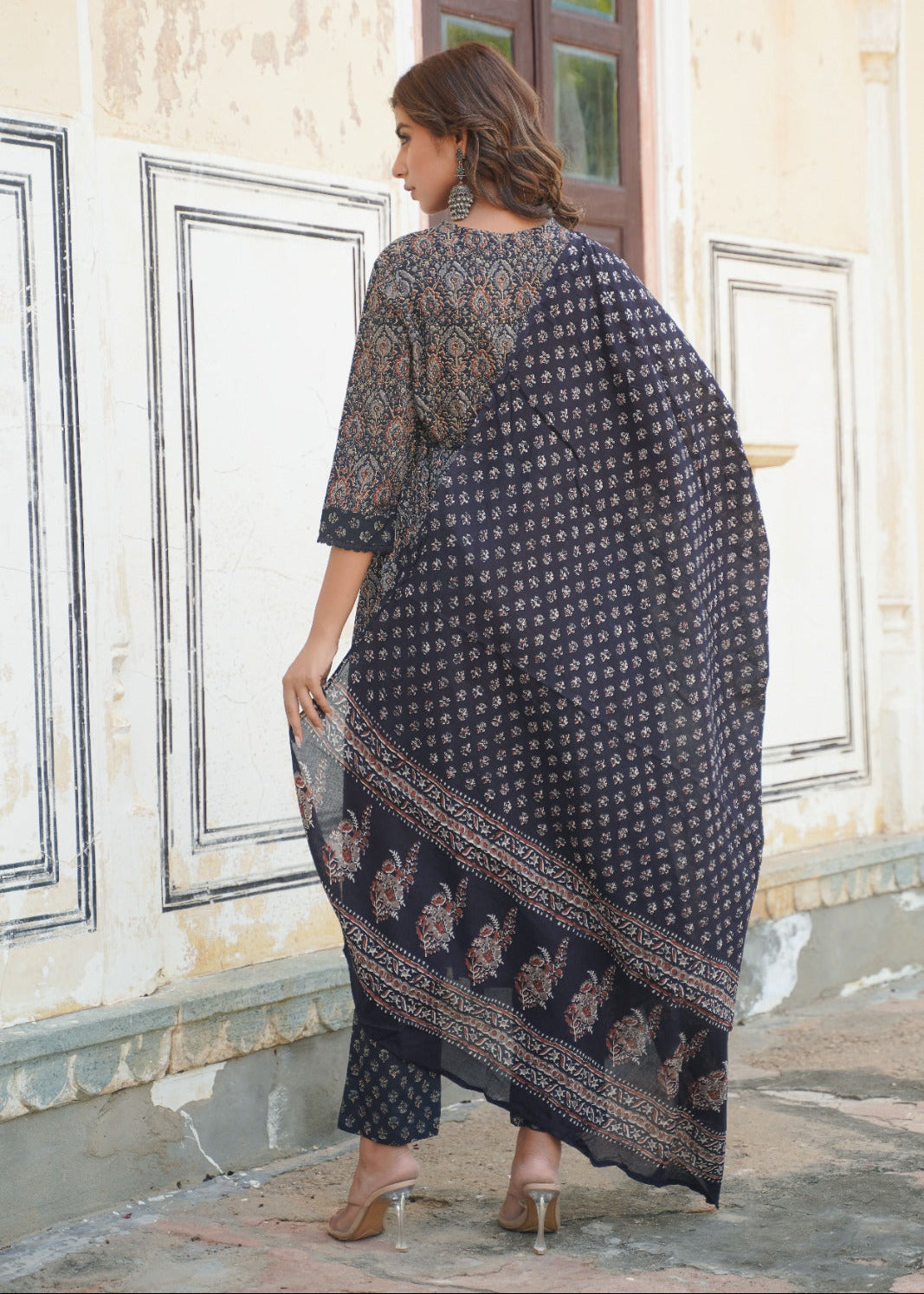 Blue Printed Angrakha Anarkali Set