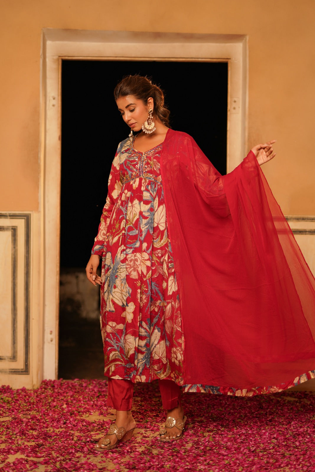 Maroon Alia Cut Mirror Embroidery Suit
