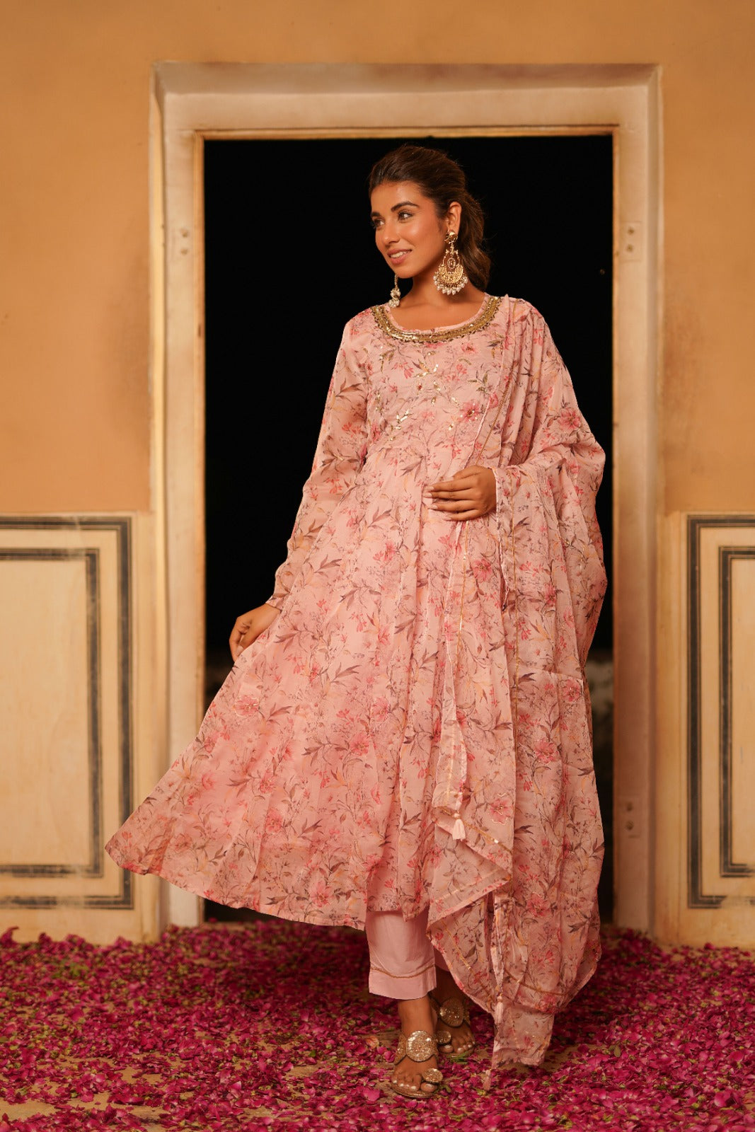 Soft Pink Floral Zardosi Work Anarkali Set