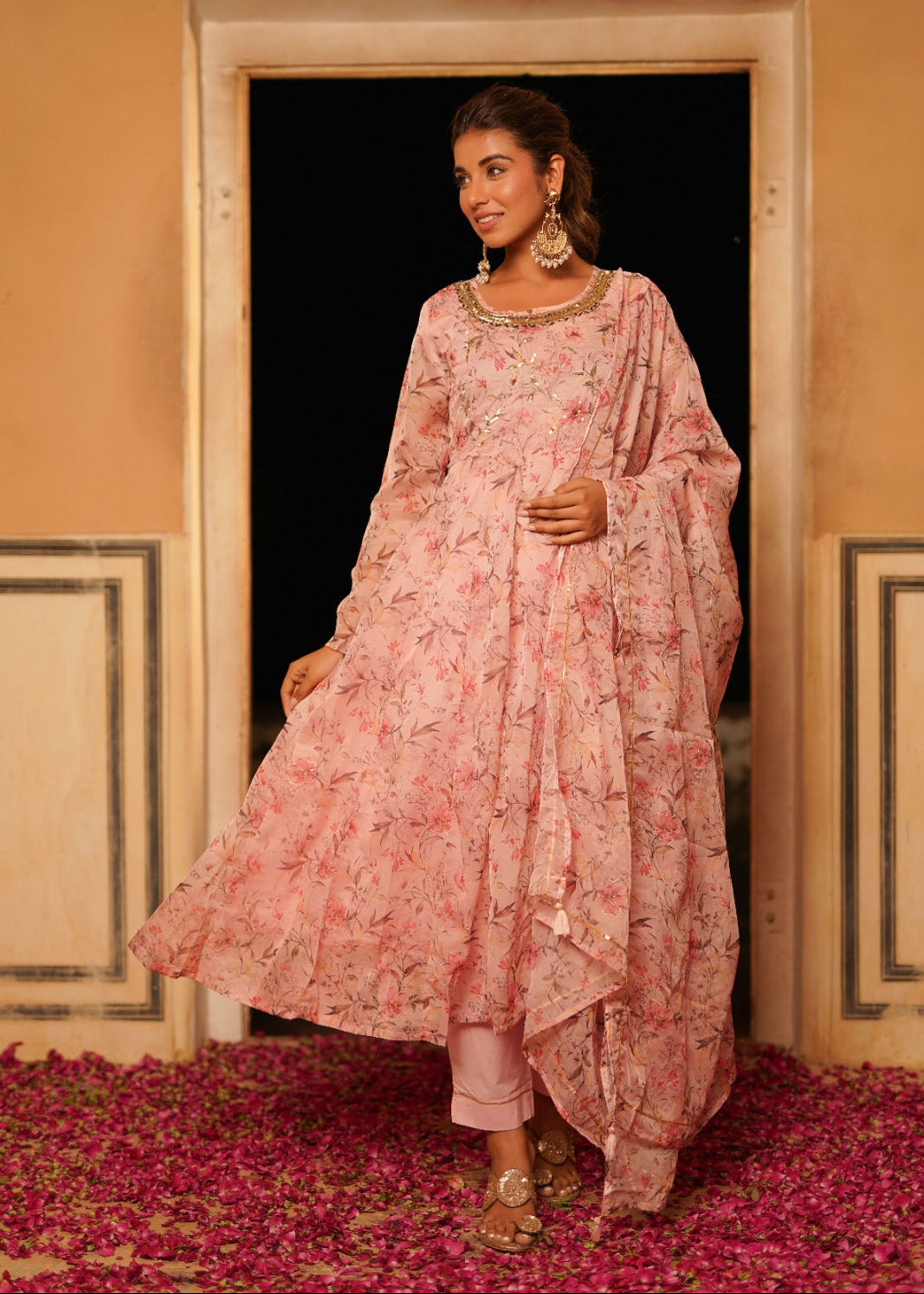 Soft Pink Floral Zardozi Work Anarkali Set