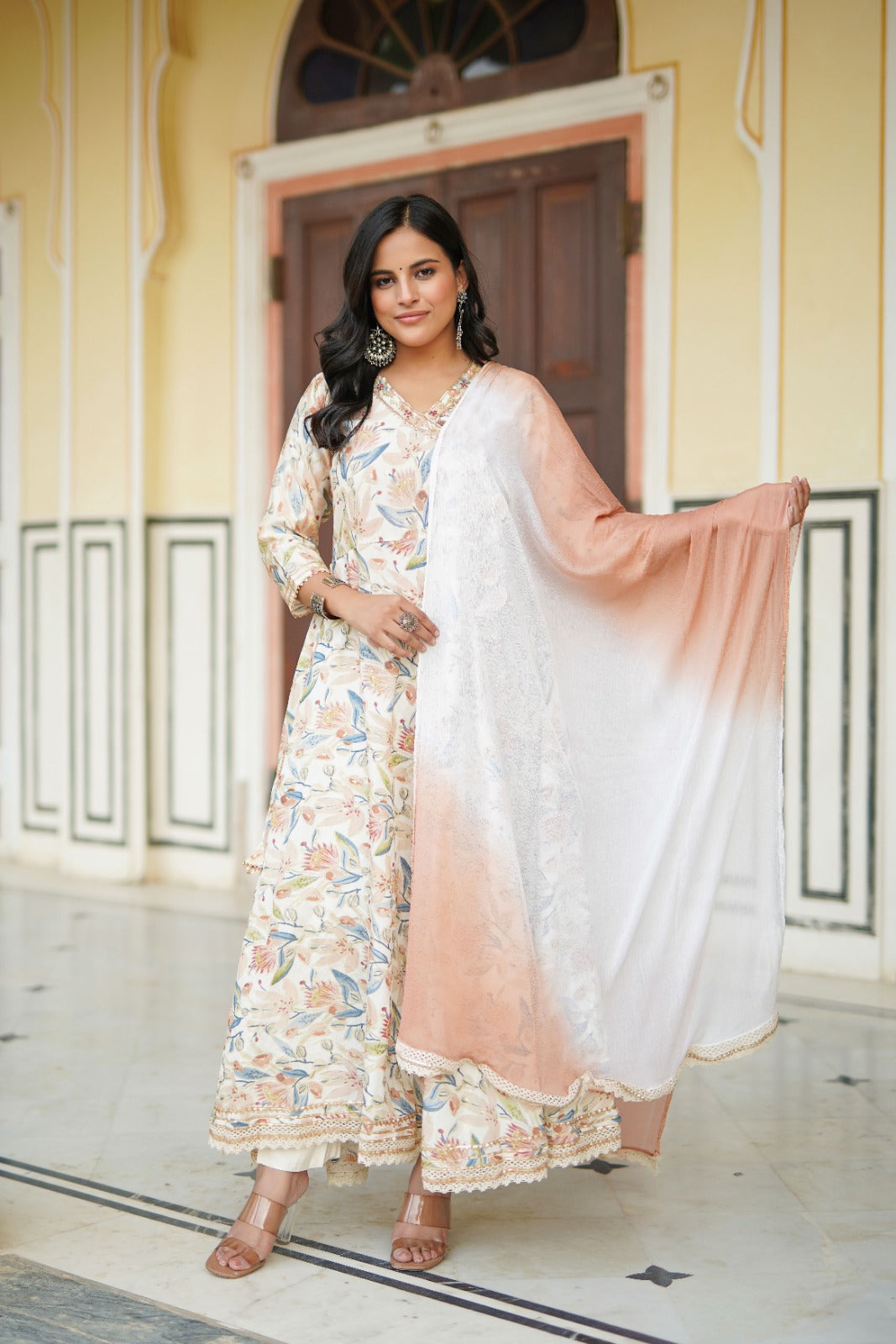 Cream Floral Angrakha Anarkali with Gota Work