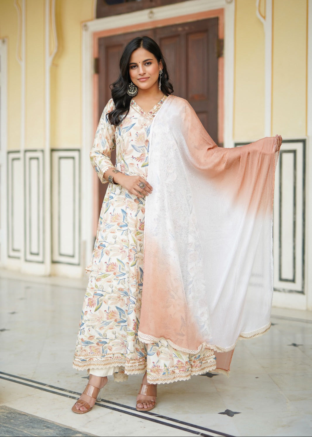 Cream Floral Angrakha Anarkali With Gota Work