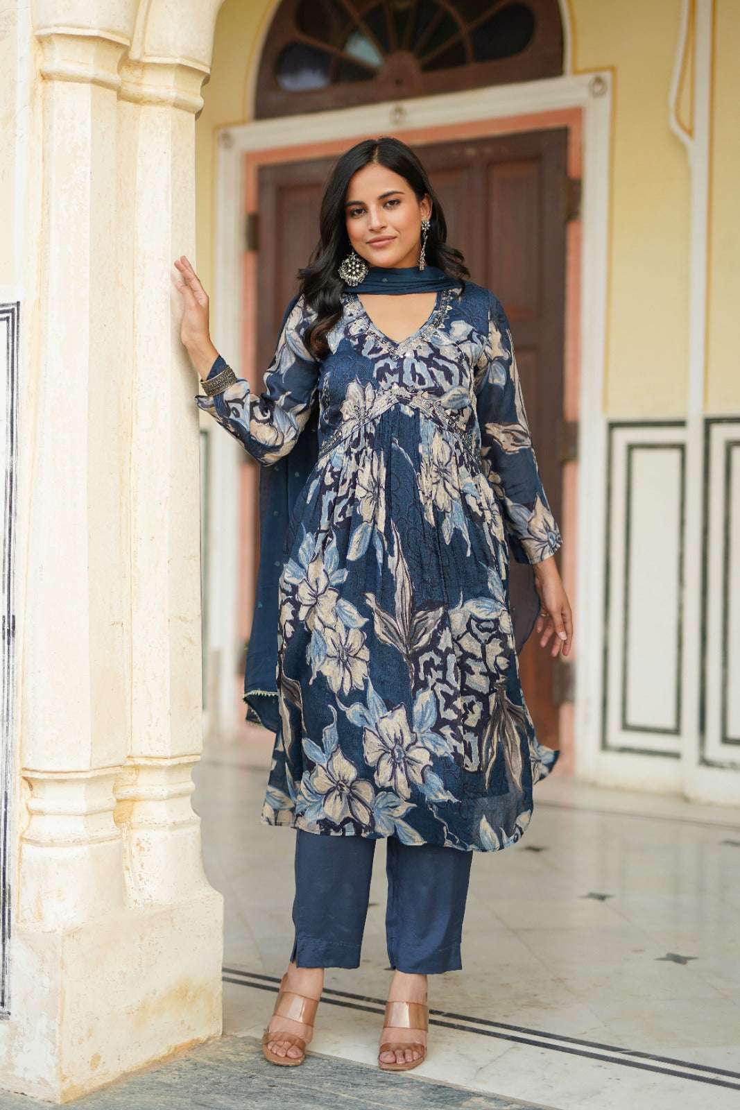 Blue Floral Alia Cut Suit With Mirror Work