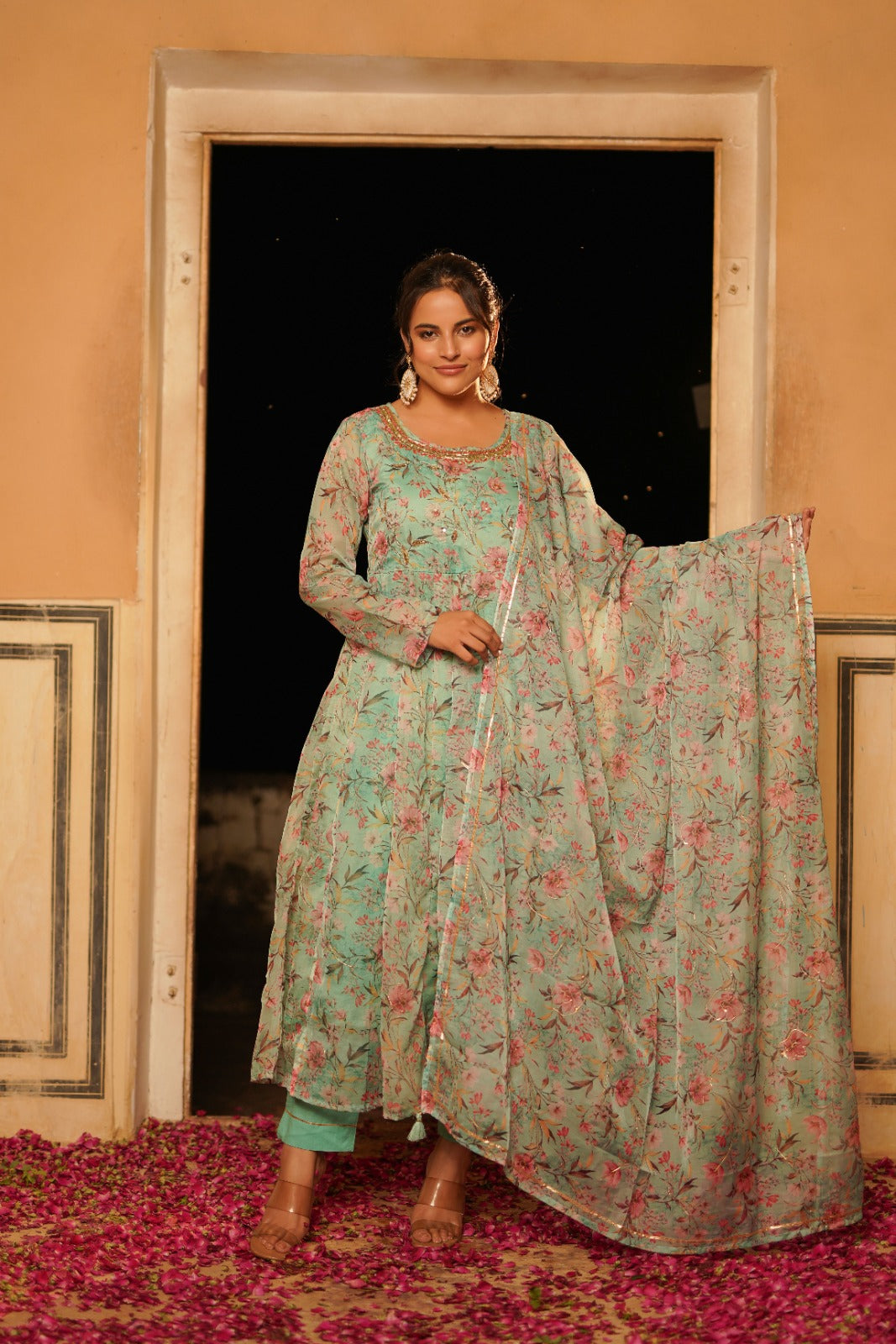 Pista Green Floral Zardosi Work Anarkali Set
