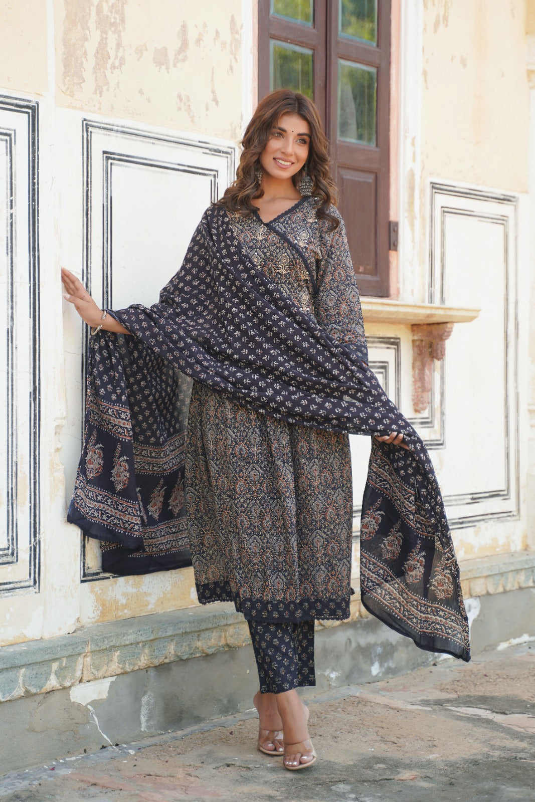 Blue Printed Angrakha Anarkali Set