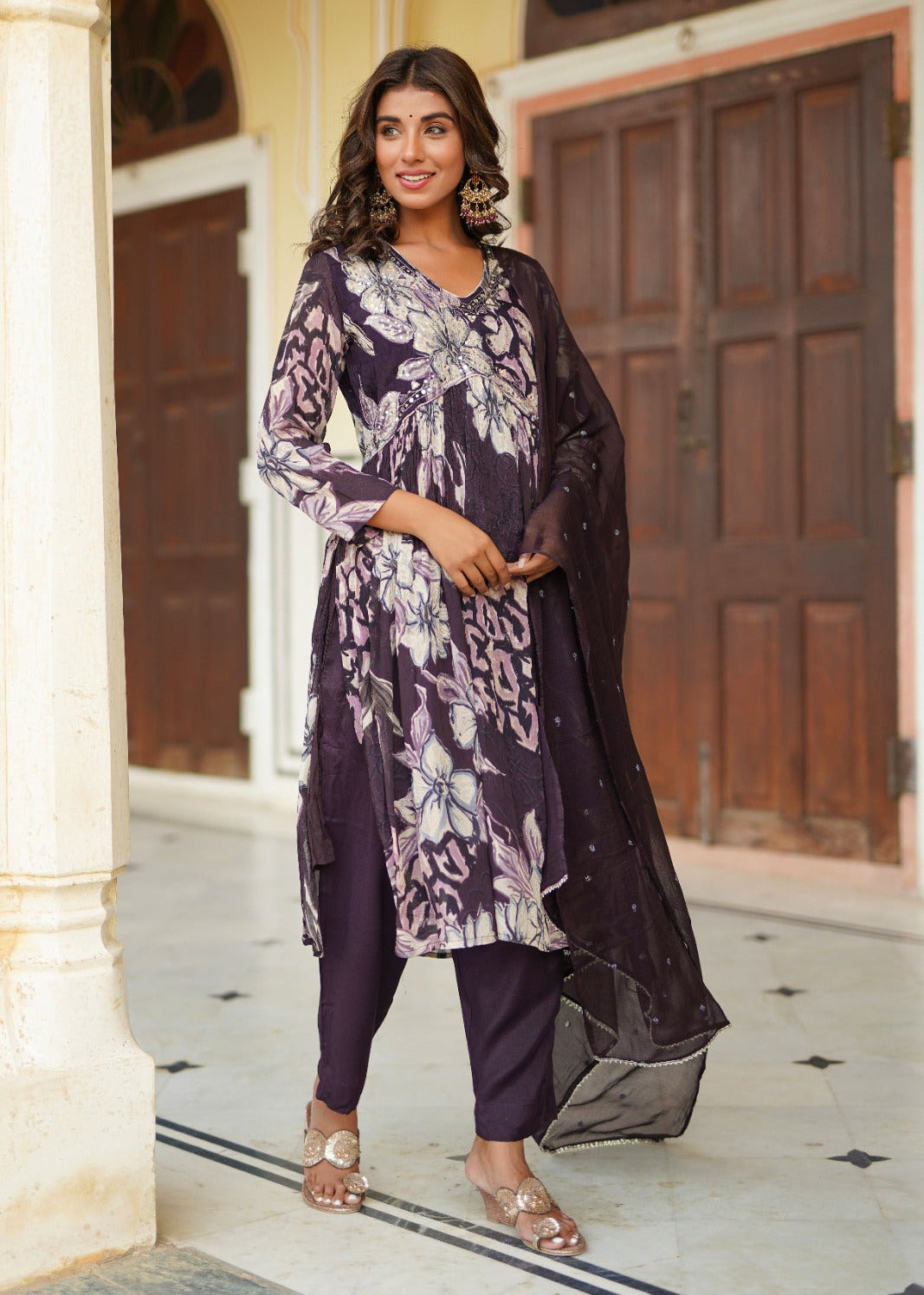 Purple Floral Alia Cut Suit With Mirror Work