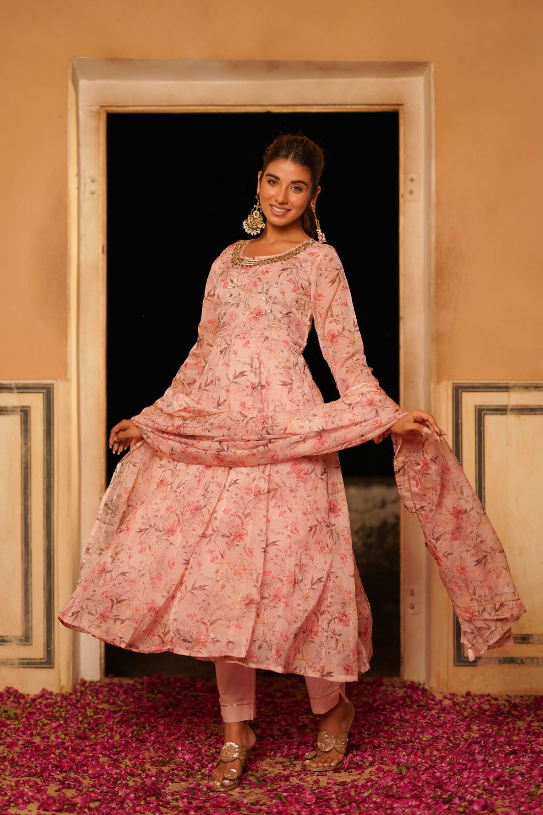 Soft Pink Floral Zardosi Work Anarkali Set