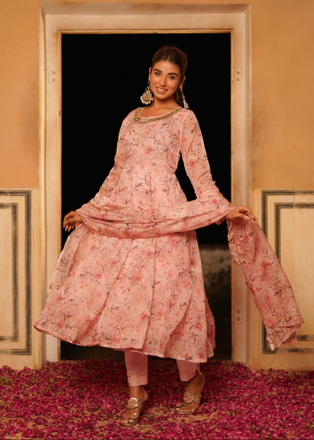 Soft Pink Floral Zardozi Work Anarkali Set