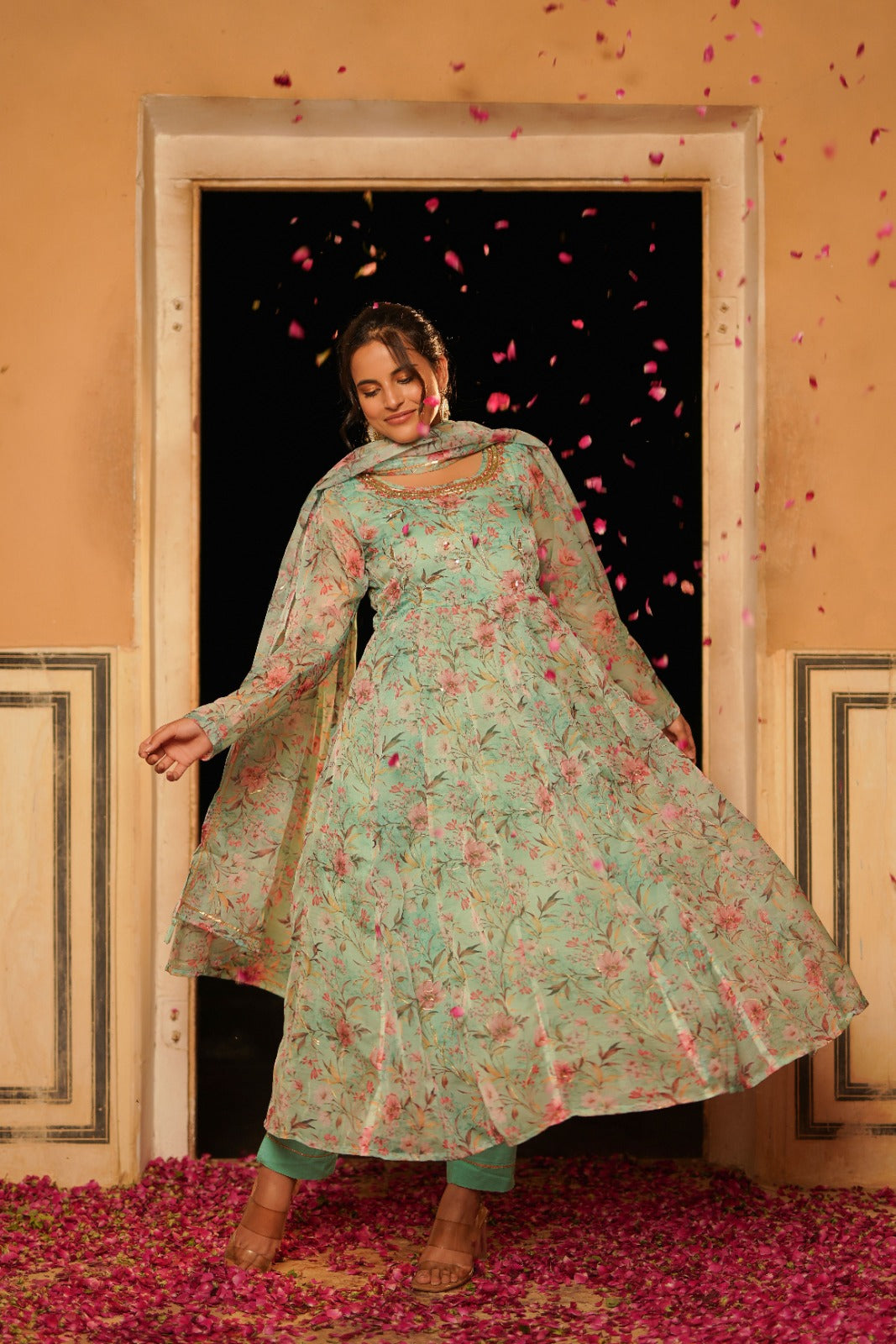 Pista Green Floral Zardosi Work Anarkali Set