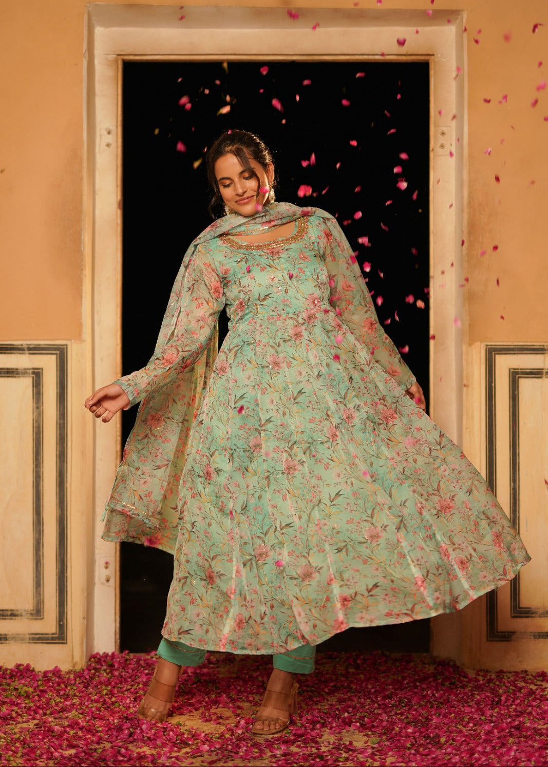 Pista Green Floral Zardozi Work Anarkali Set