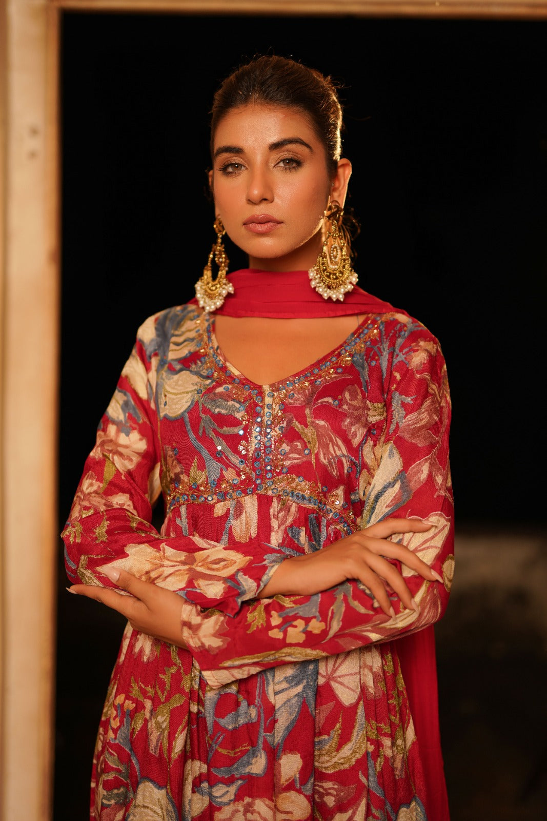 Maroon Alia Cut Mirror Embroidery Suit