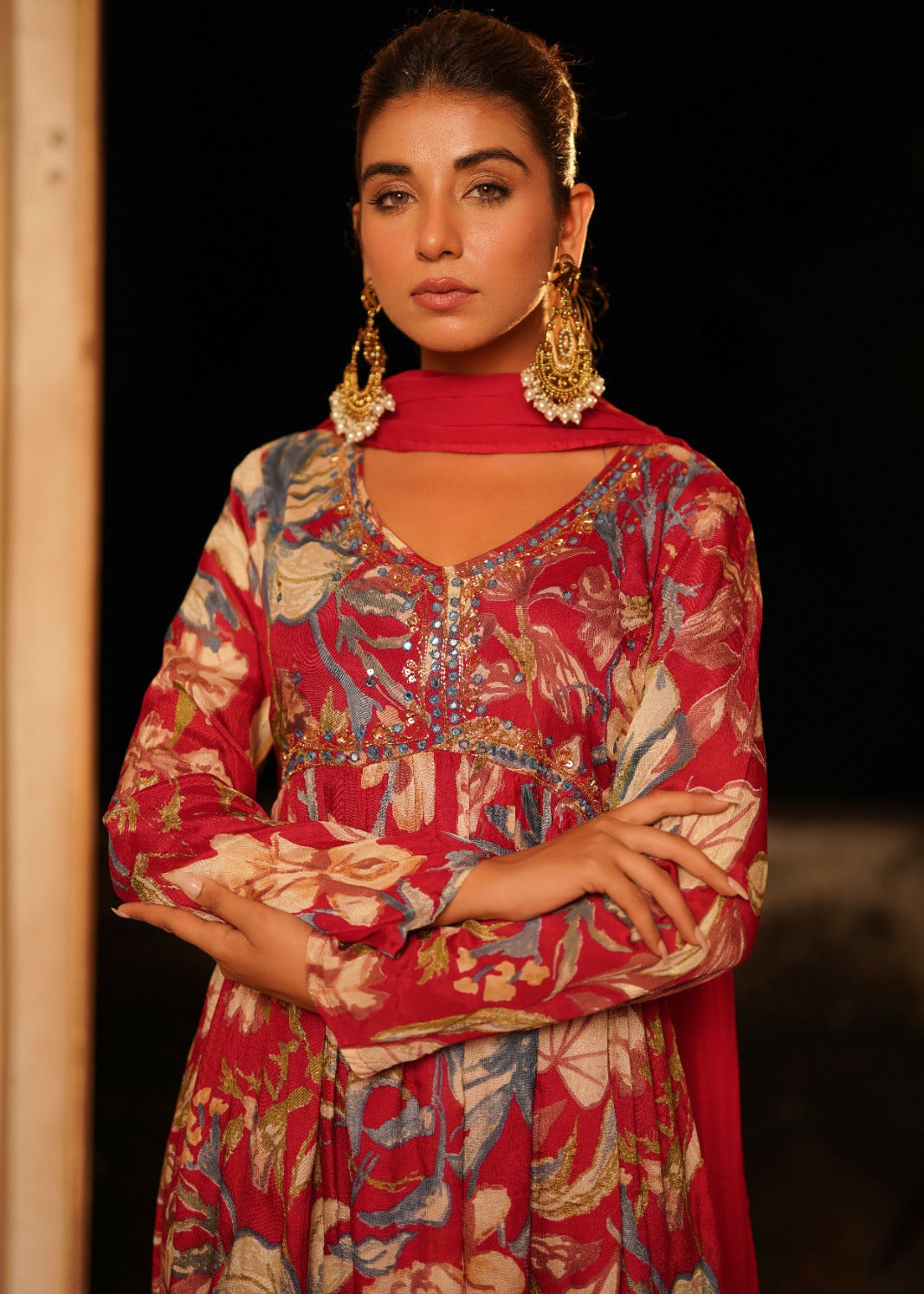 Maroon Alia Cut Mirror Embroidery Suit