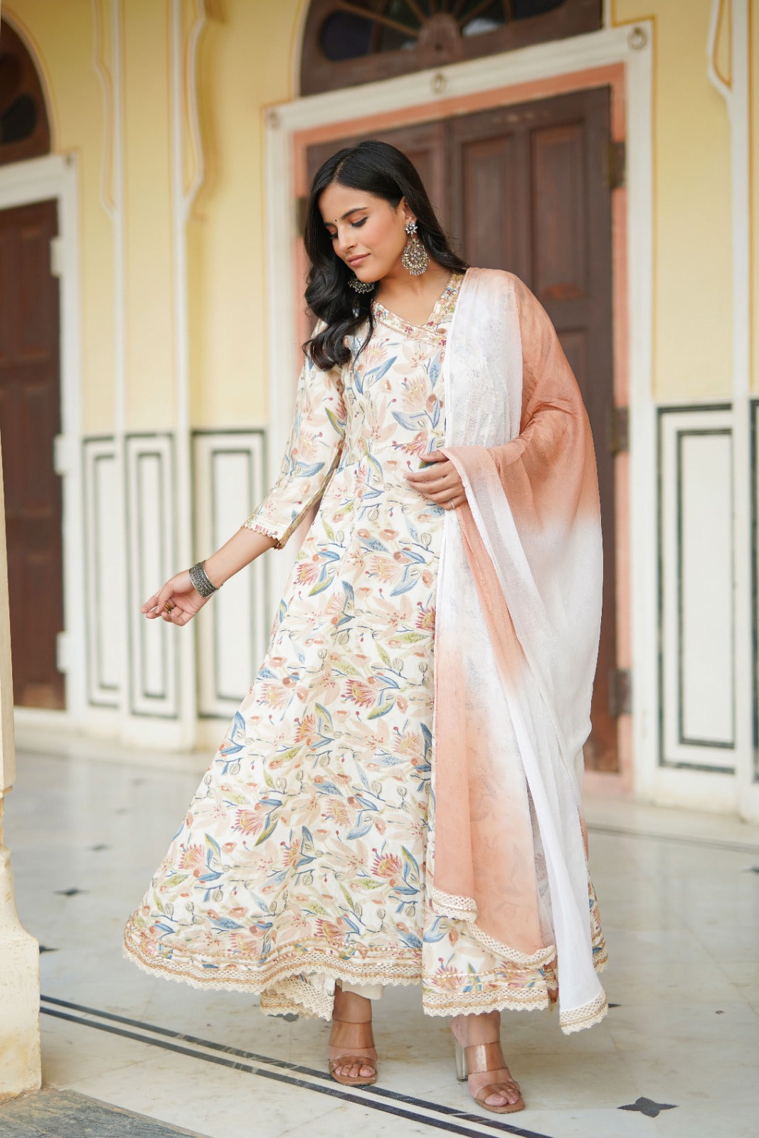 Cream Floral Angrakha Anarkali with Gota Work