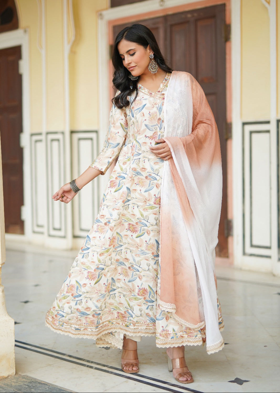 Cream Floral Angrakha Anarkali With Gota Work