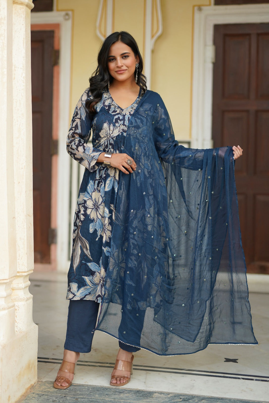 Blue Floral Alia Cut Suit With Mirror Work
