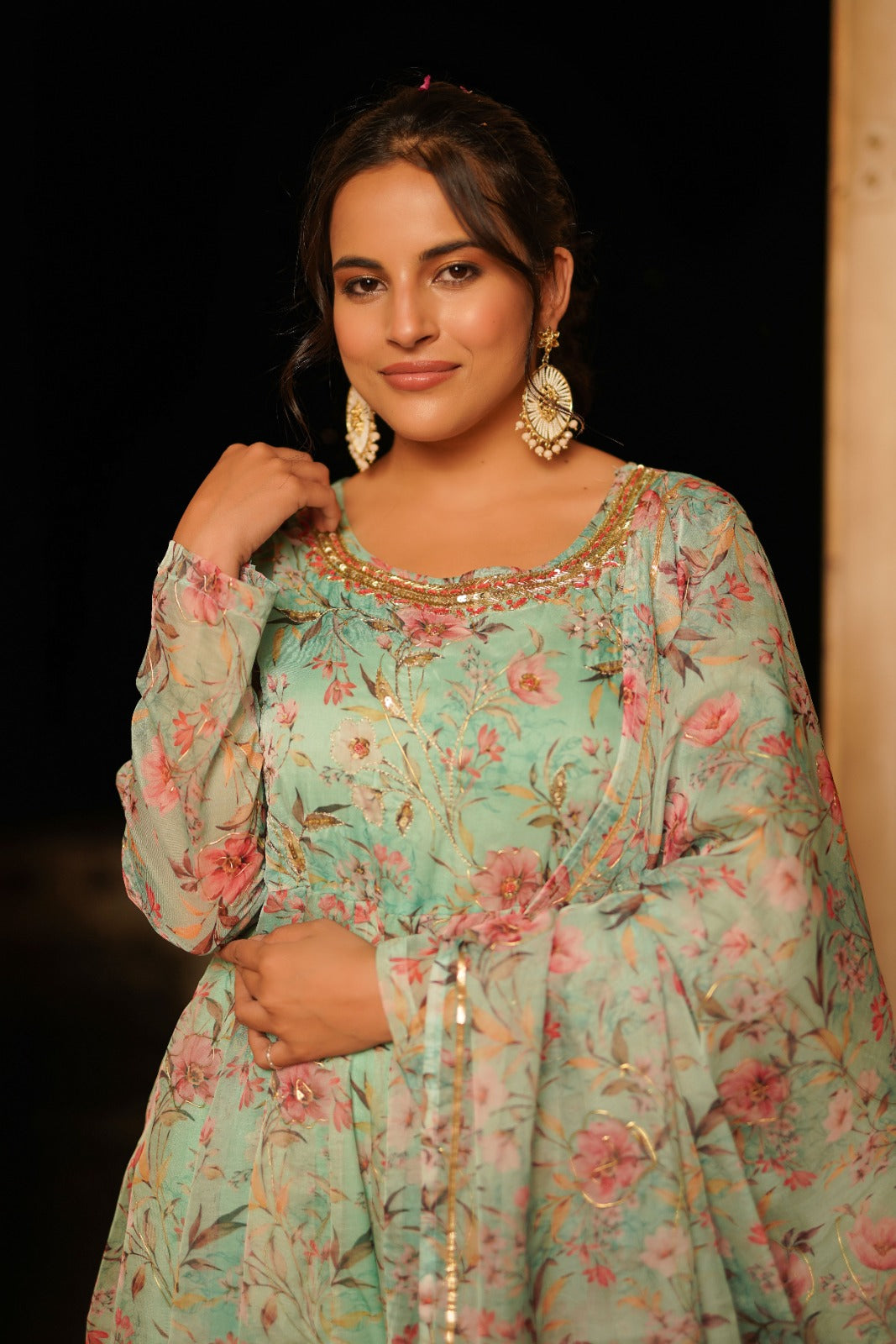 Pista Green Floral Zardosi Work Anarkali Set