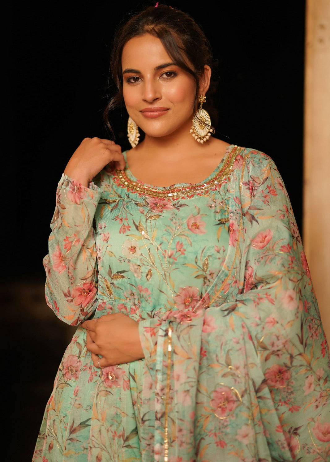 Pista Green Floral Zardozi Work Anarkali Set