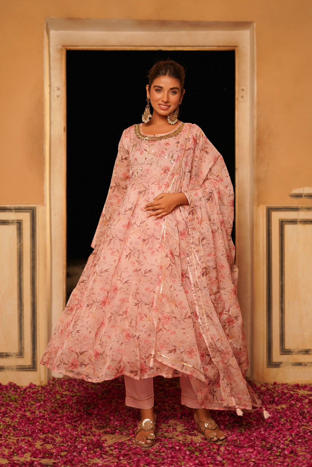 Soft Pink Floral Zardosi Work Anarkali Set