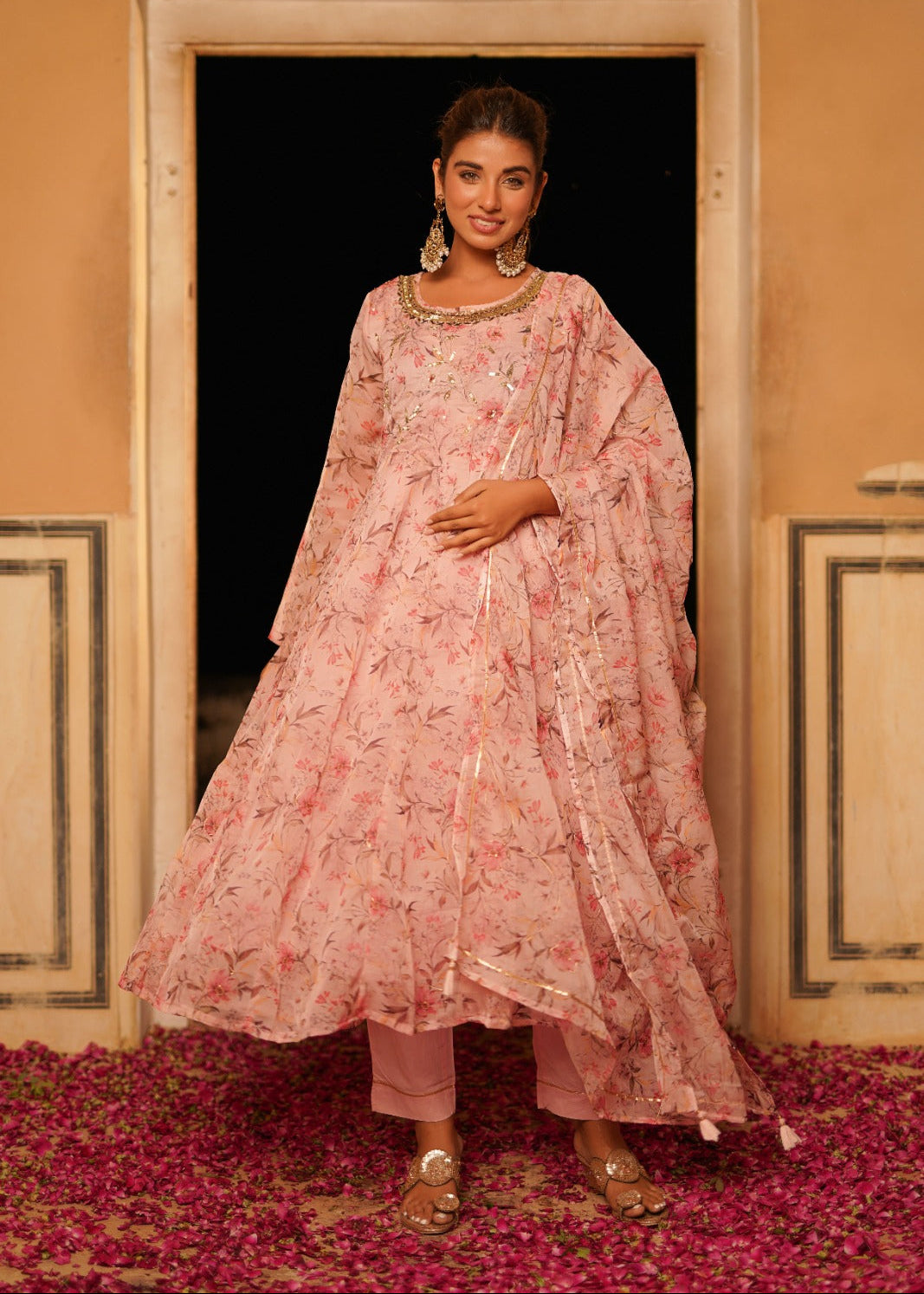 Soft Pink Floral Zardozi Work Anarkali Set