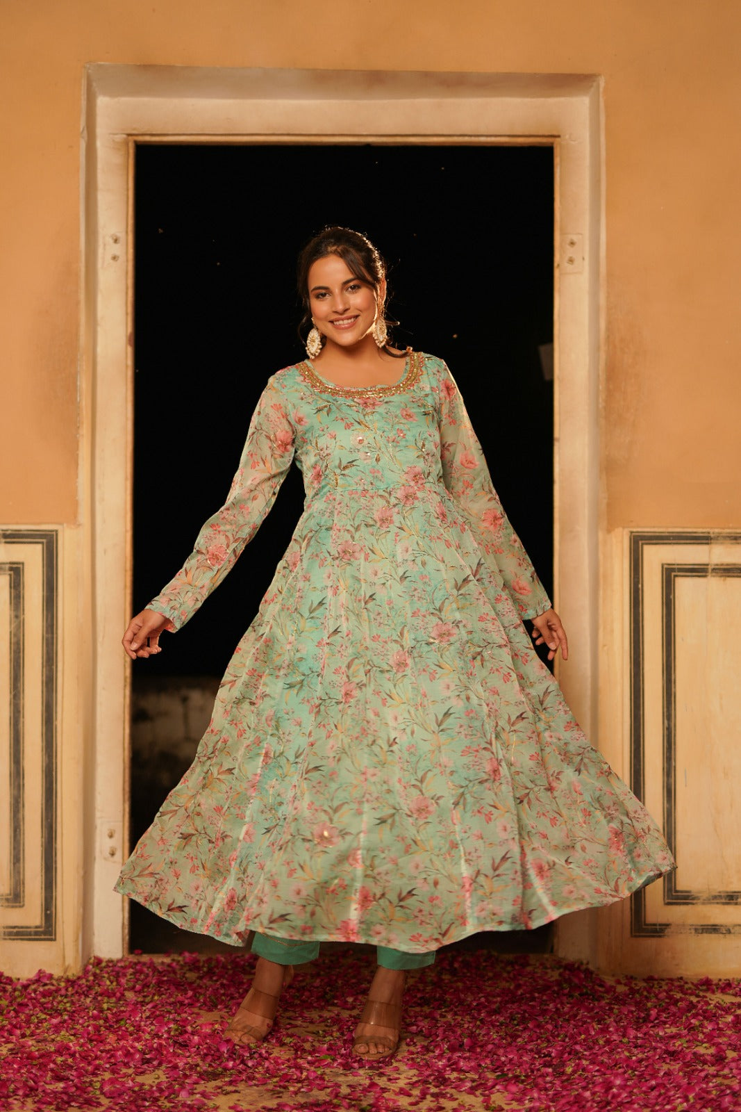 Pista Green Floral Zardosi Work Anarkali Set