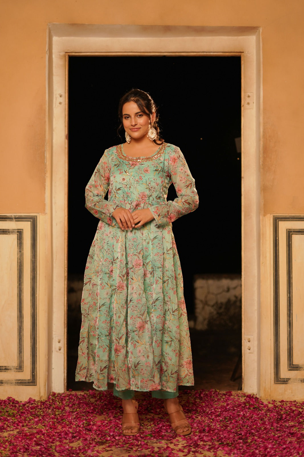 Pista Green Floral Zardosi Work Anarkali Set