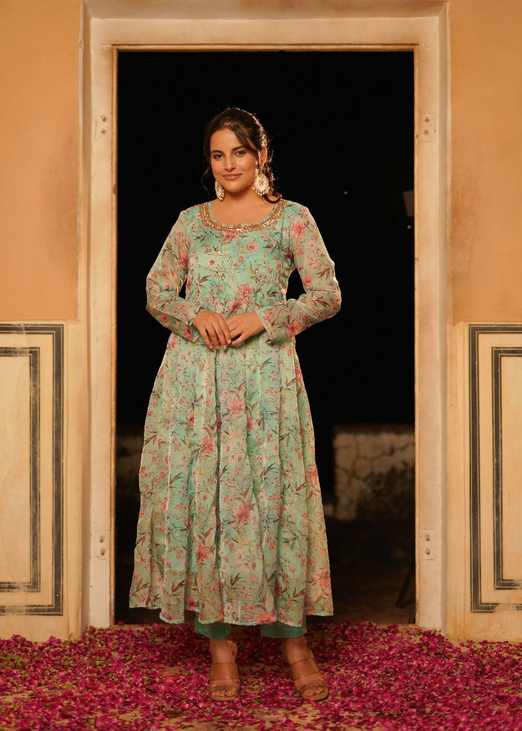 Pista Green Floral Zardozi Work Anarkali Set