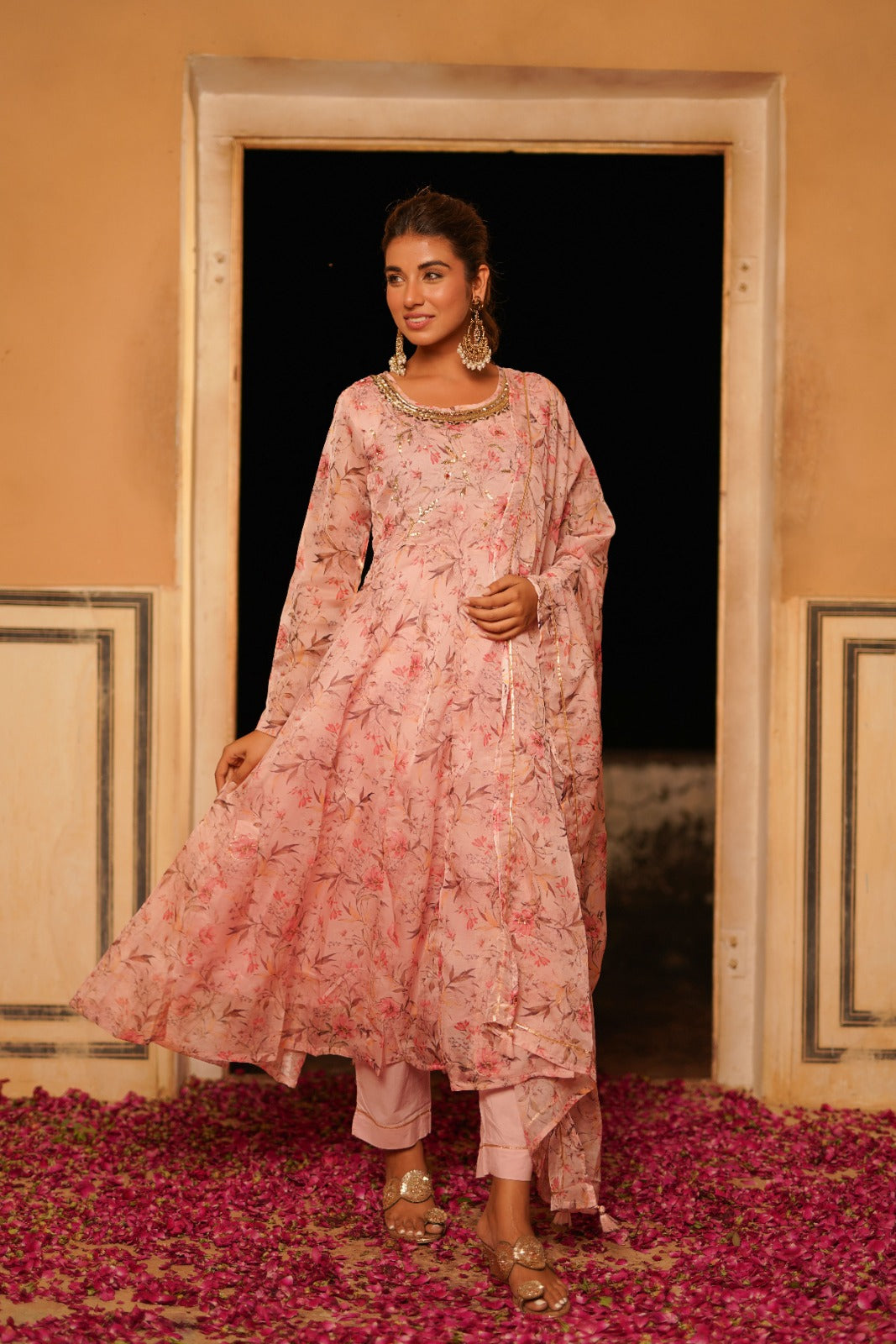 Soft Pink Floral Zardosi Work Anarkali Set