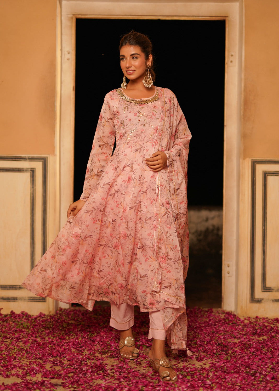 Soft Pink Floral Zardozi Work Anarkali Set