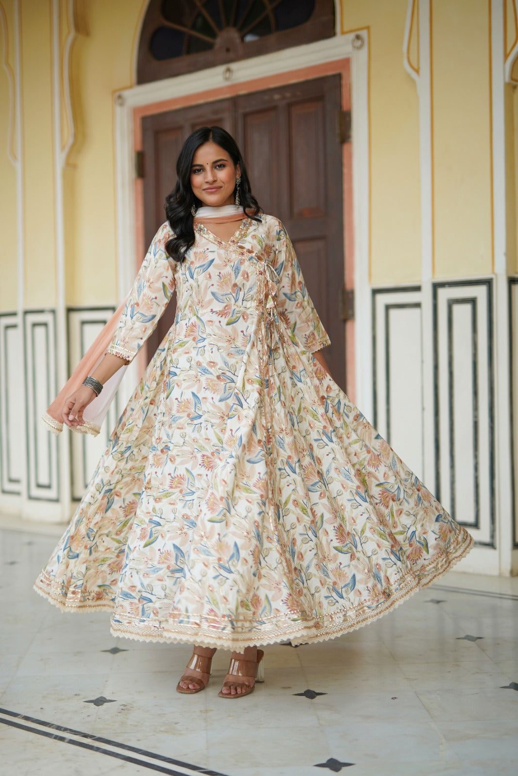 Cream Floral Angrakha Anarkali with Gota Work