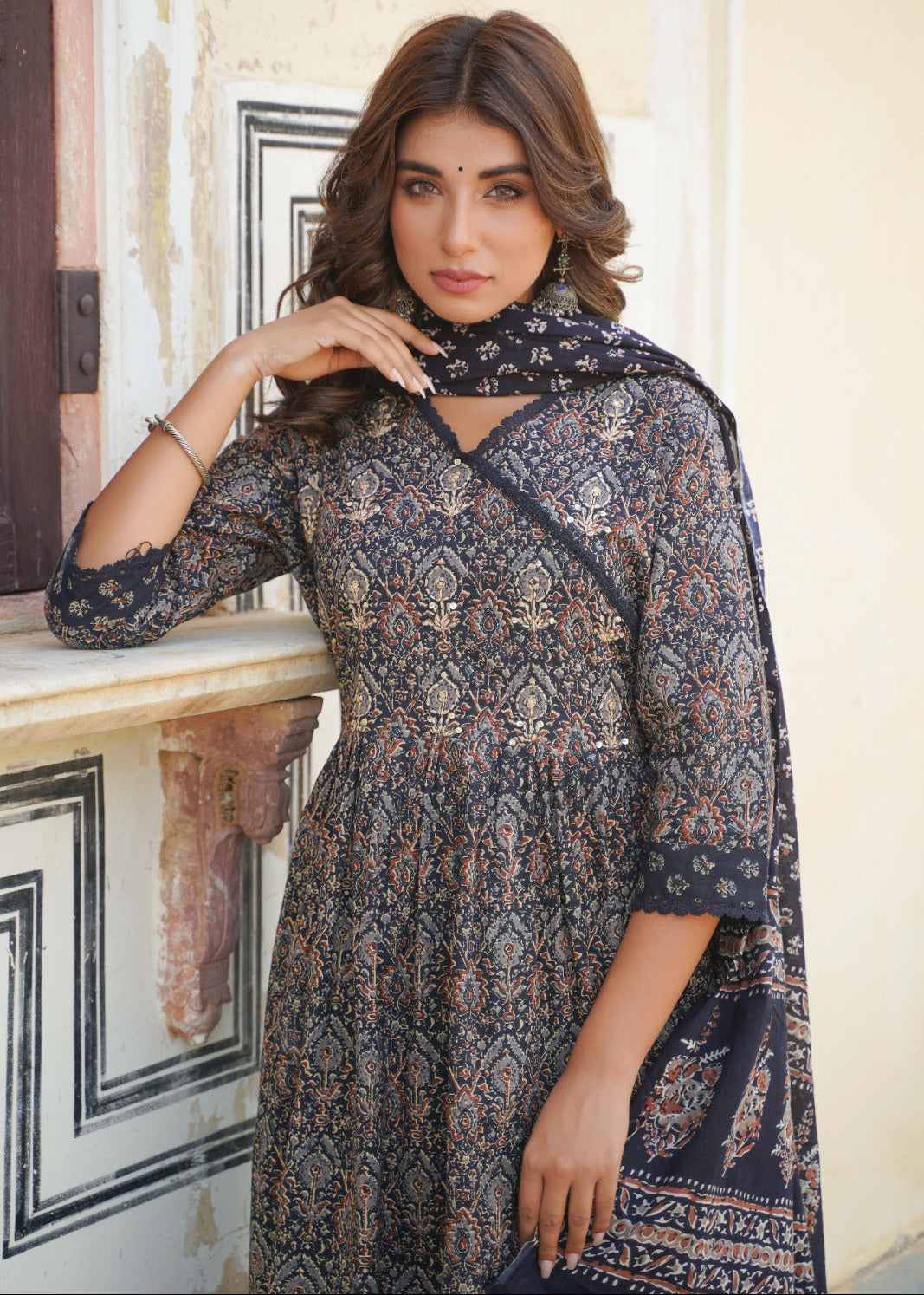 Blue Printed Angrakha Anarkali Set
