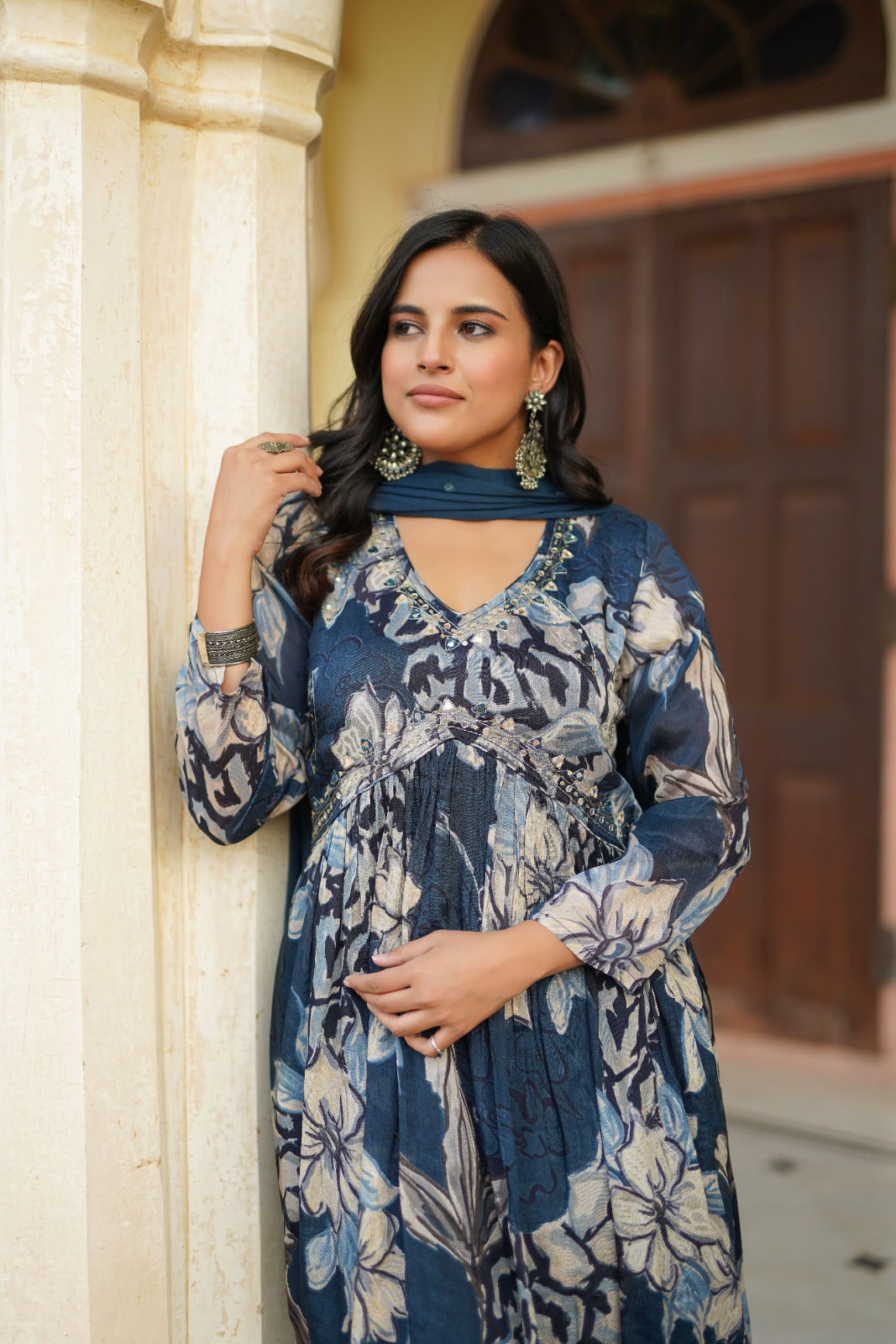 Blue Floral Alia Cut Suit With Mirror Work