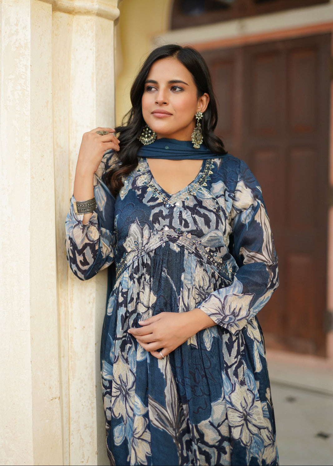 Blue Floral Alia Cut Suit With Mirror Work