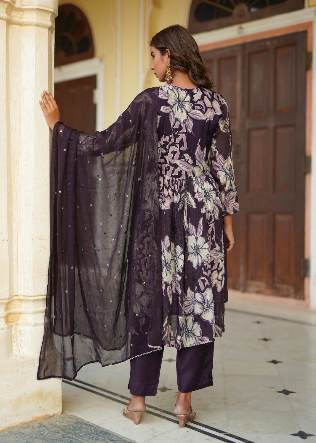 Purple Floral Alia Cut Suit With Mirror Work
