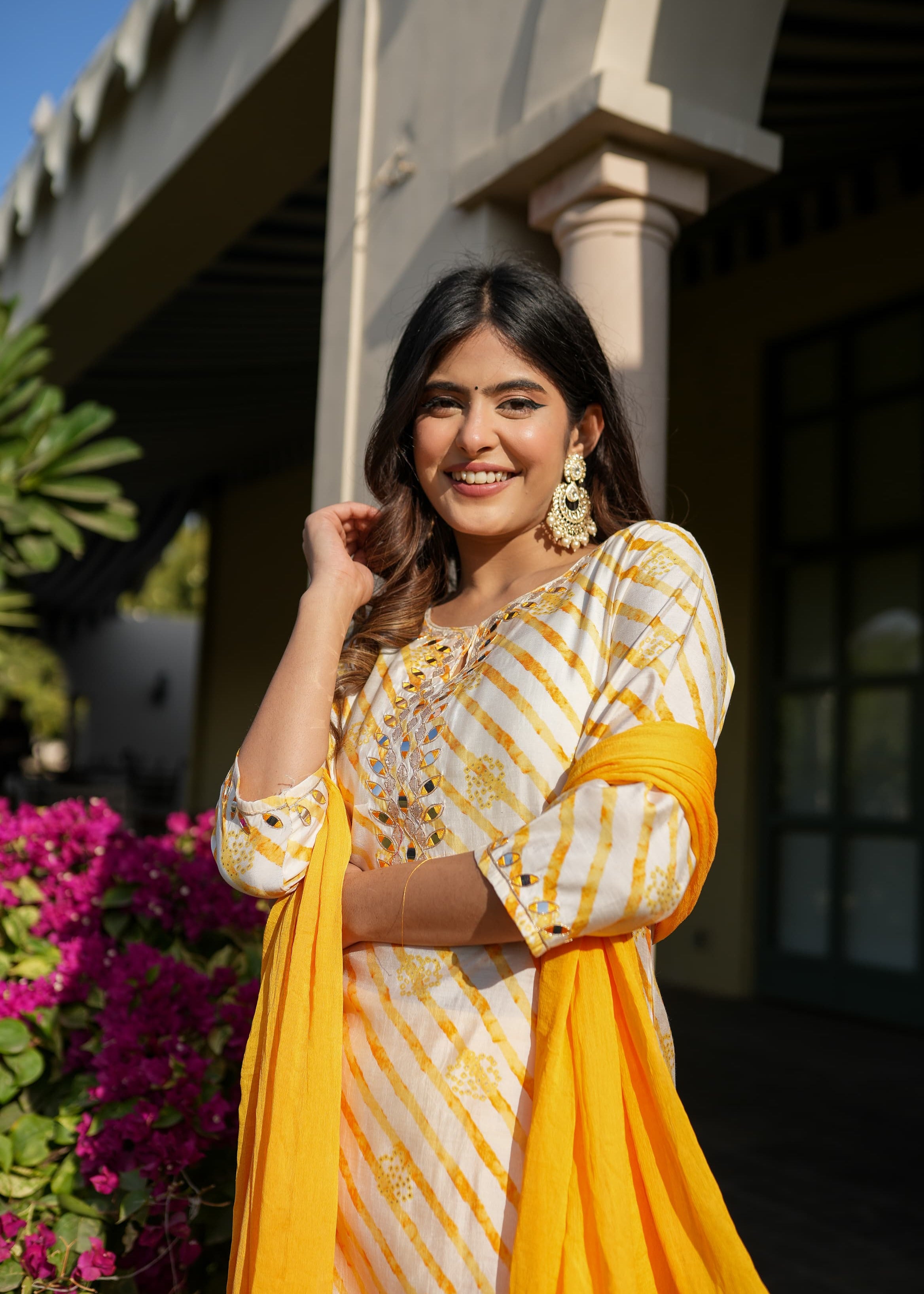 Yellow Leheriya Straight Kurta Set With Mirror Work