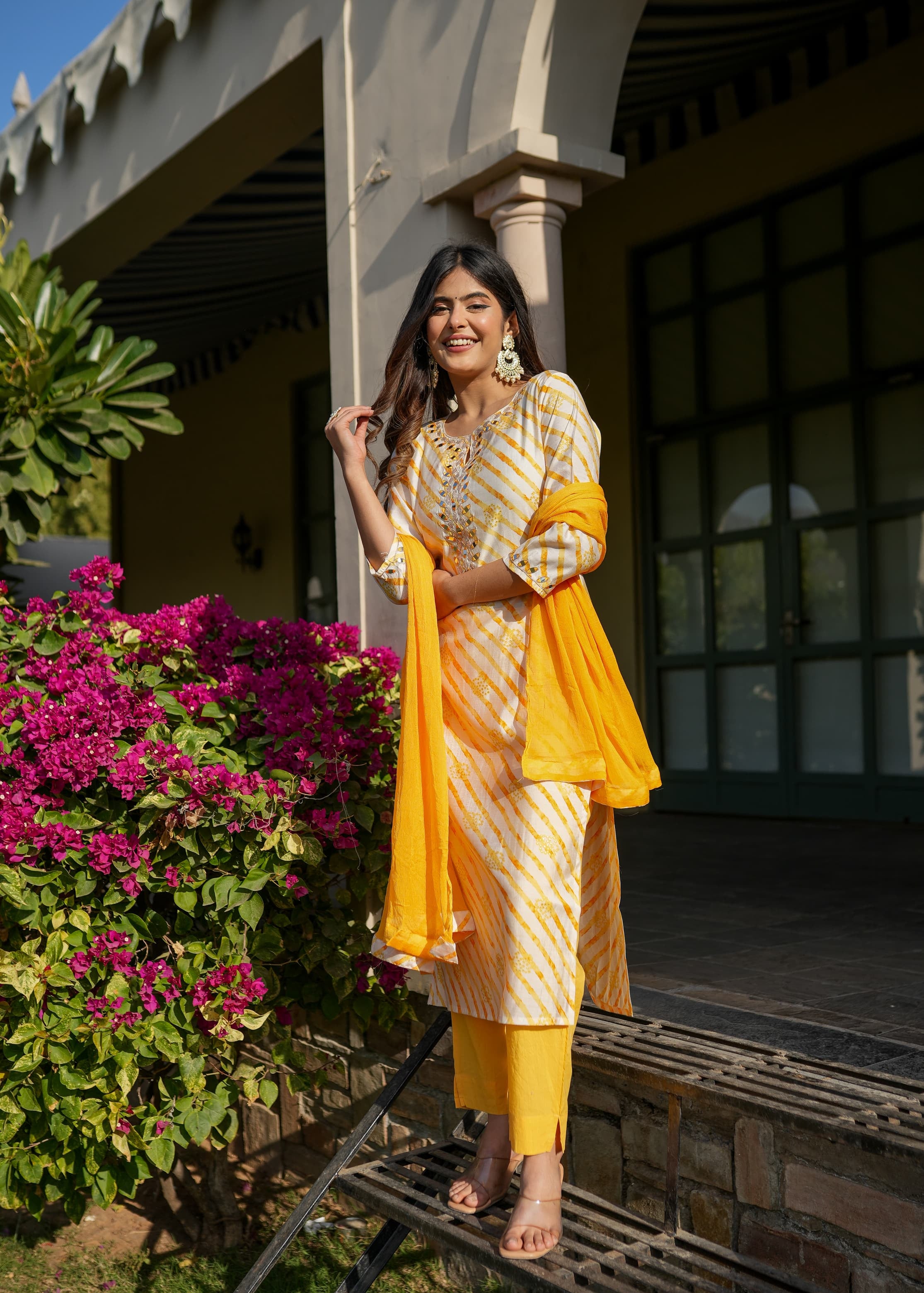 Yellow Leheriya Straight Kurta Set With Mirror Work