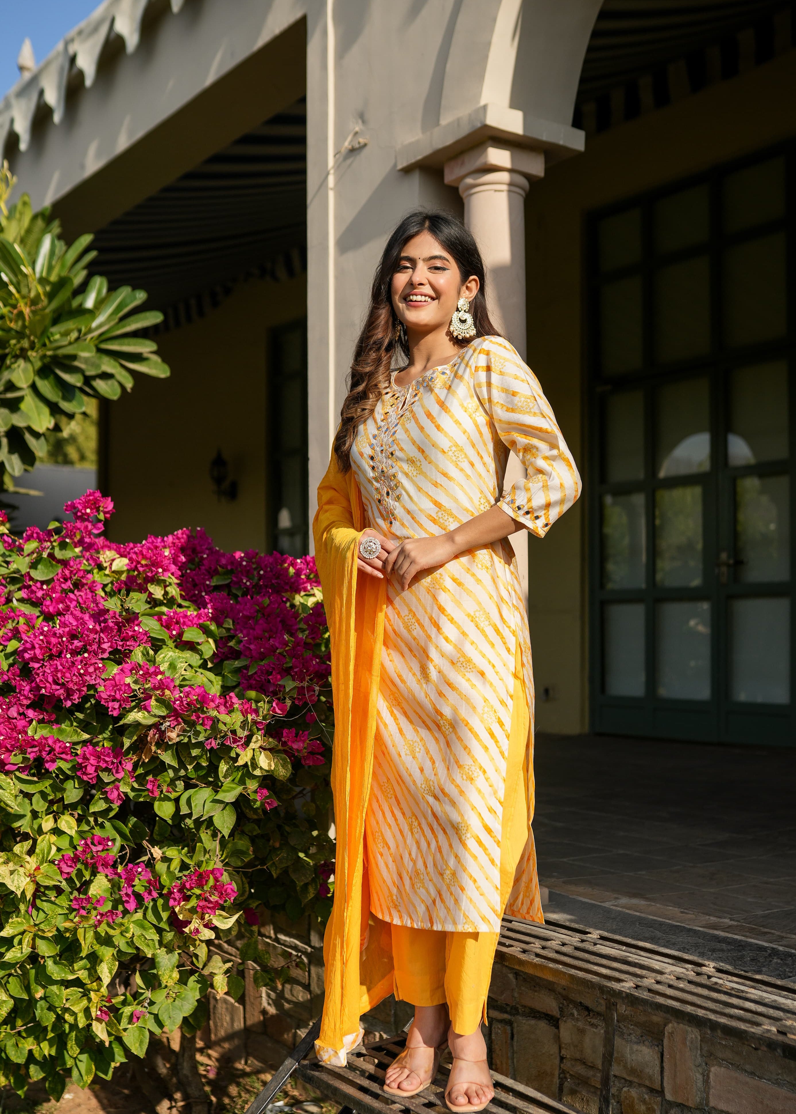 Yellow Leheriya Straight Kurta Set With Mirror Work