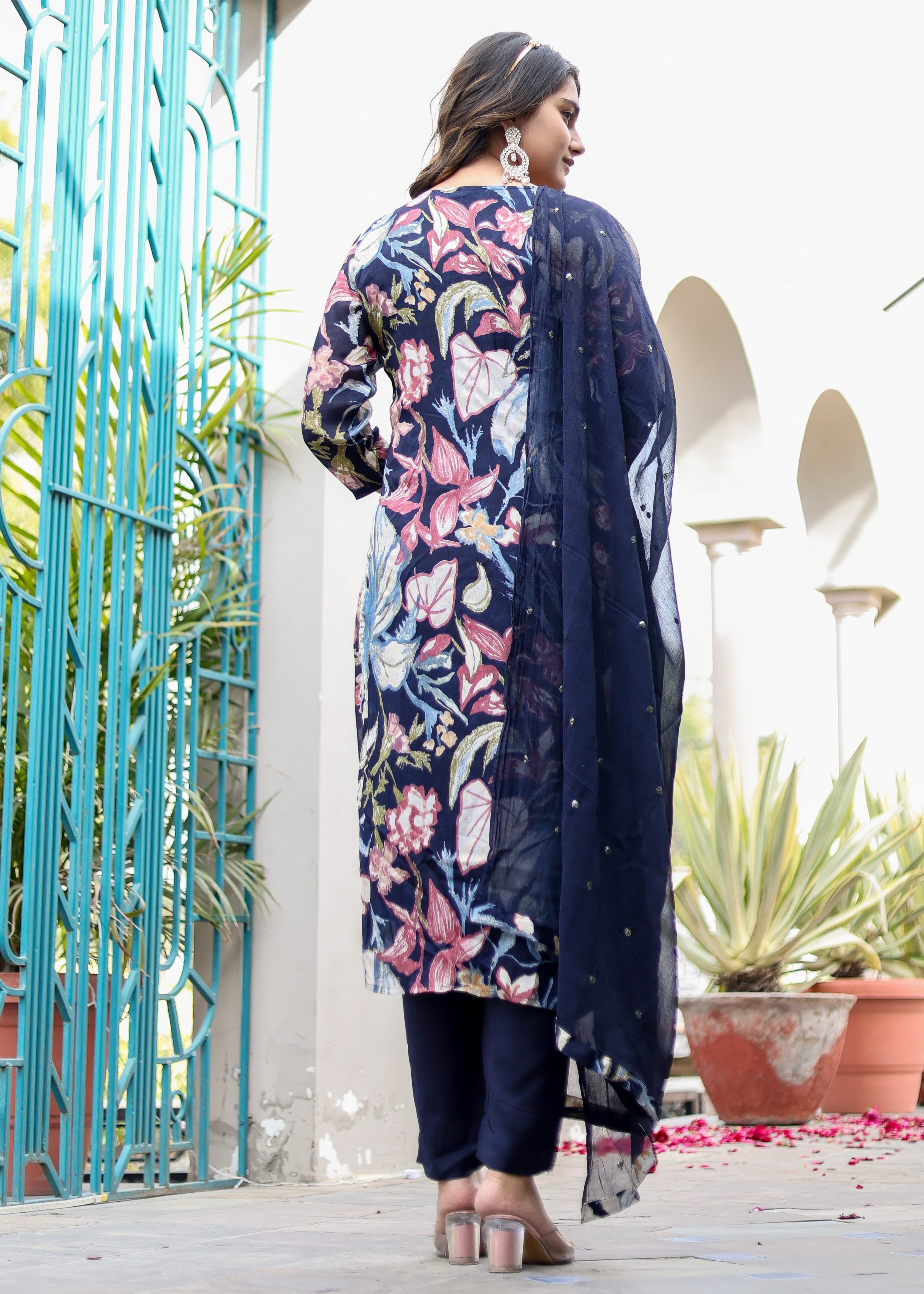 Blue Floral Straight Kurta With Dupatta And Pant