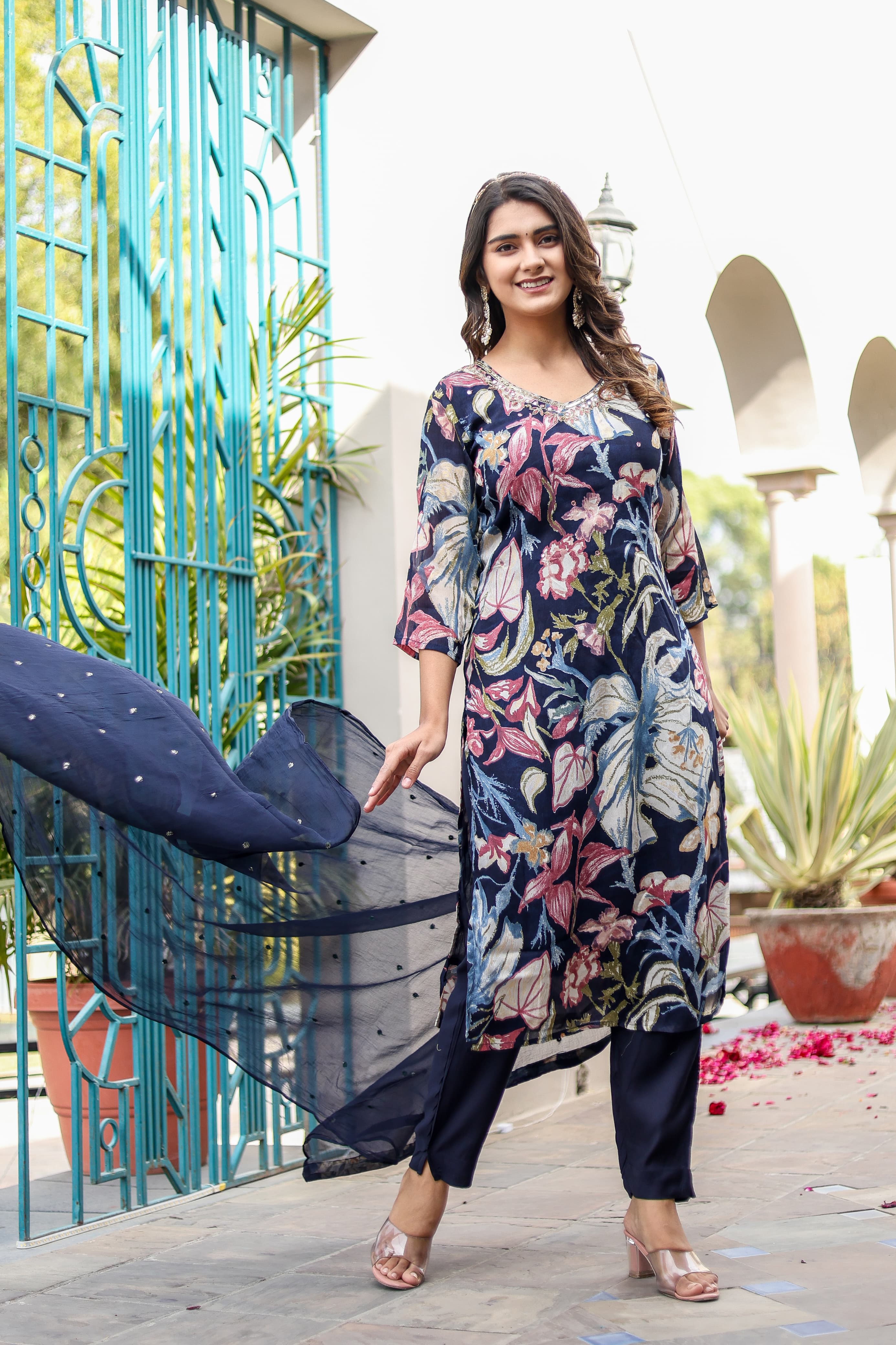 Blue Floral Straight kurta with dupatta and pant