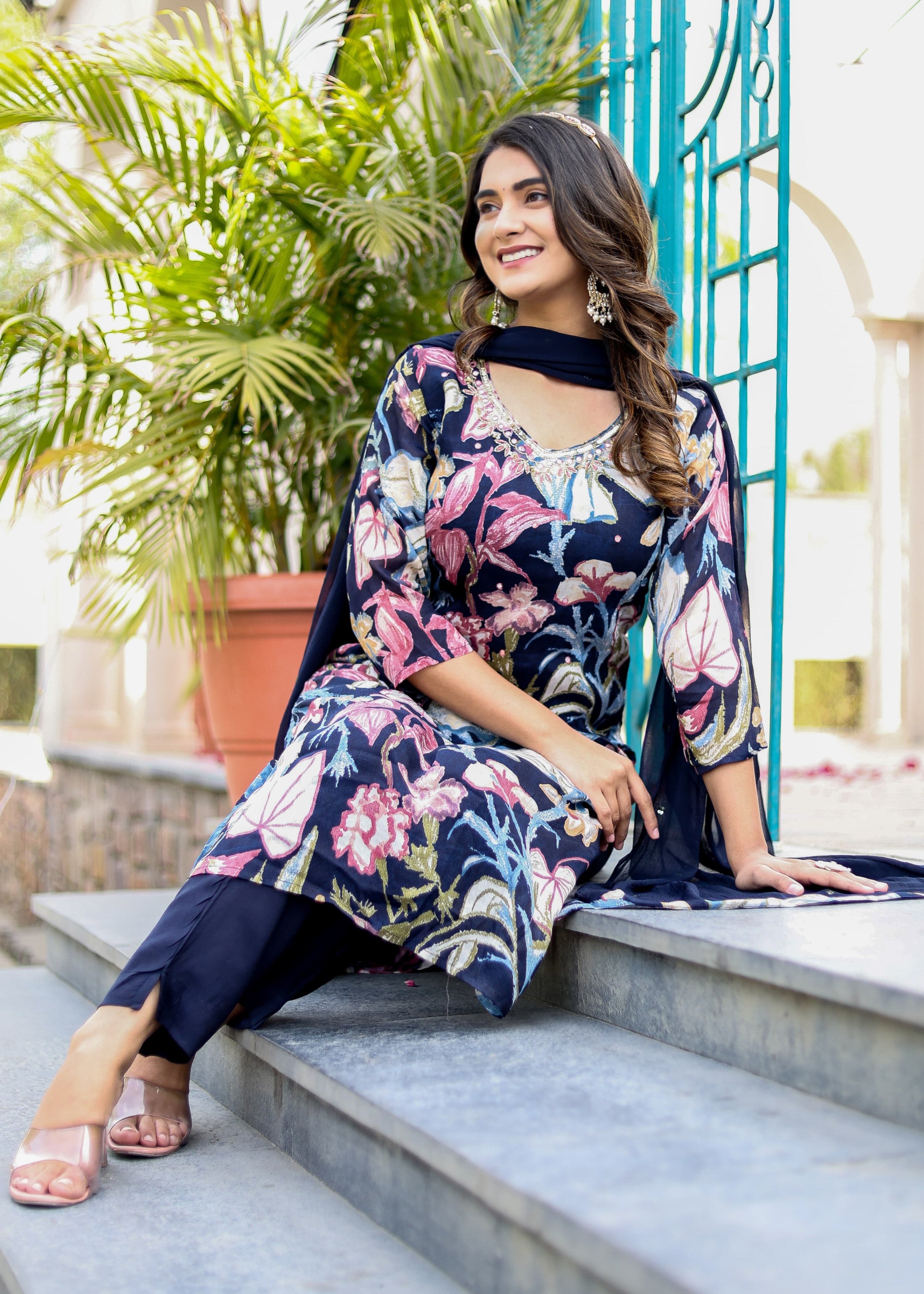 Blue Floral Straight Kurta With Dupatta And Pant