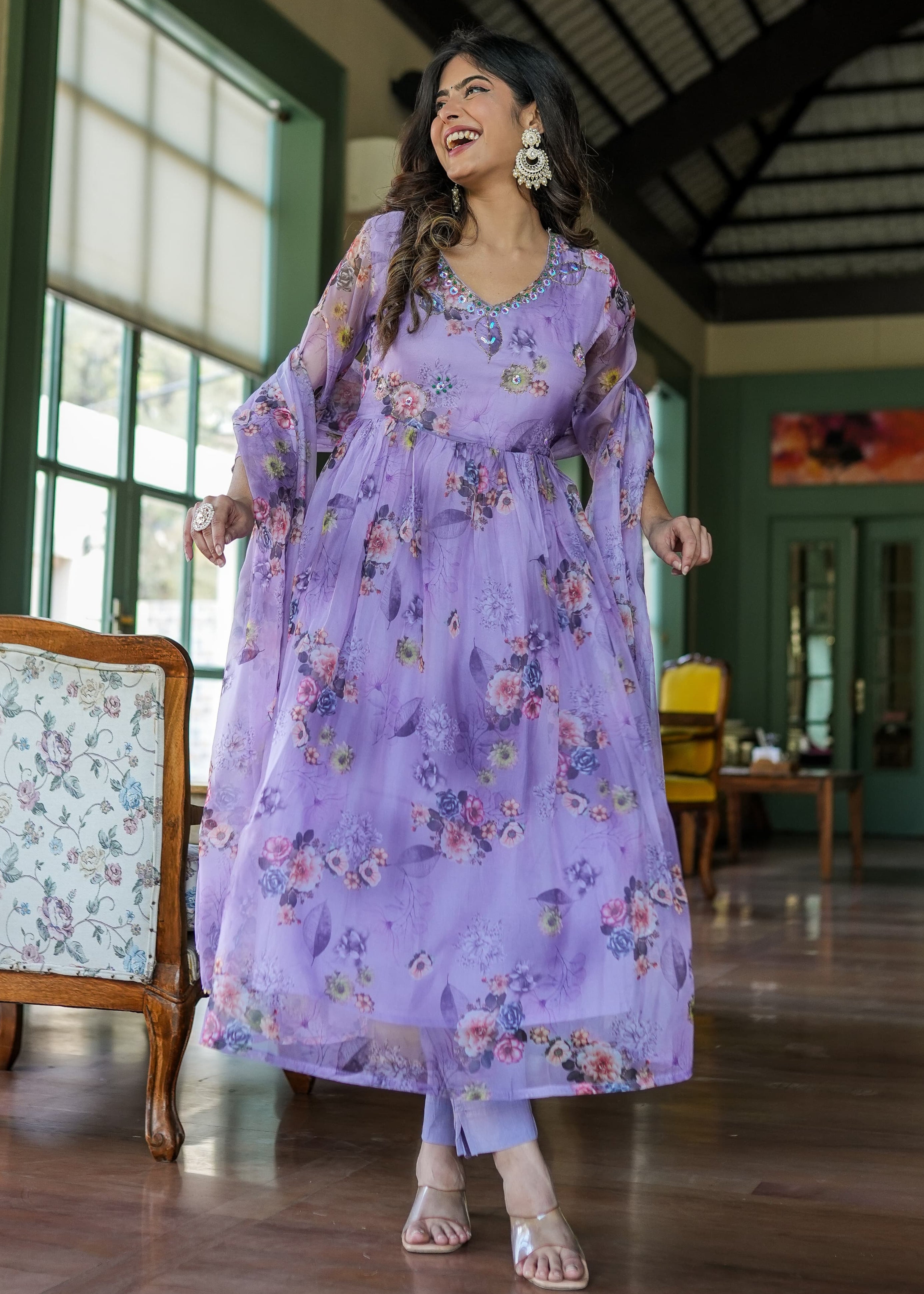Organza Anarkali Suit Set Adorned With Elegant Purple Floral Motifs