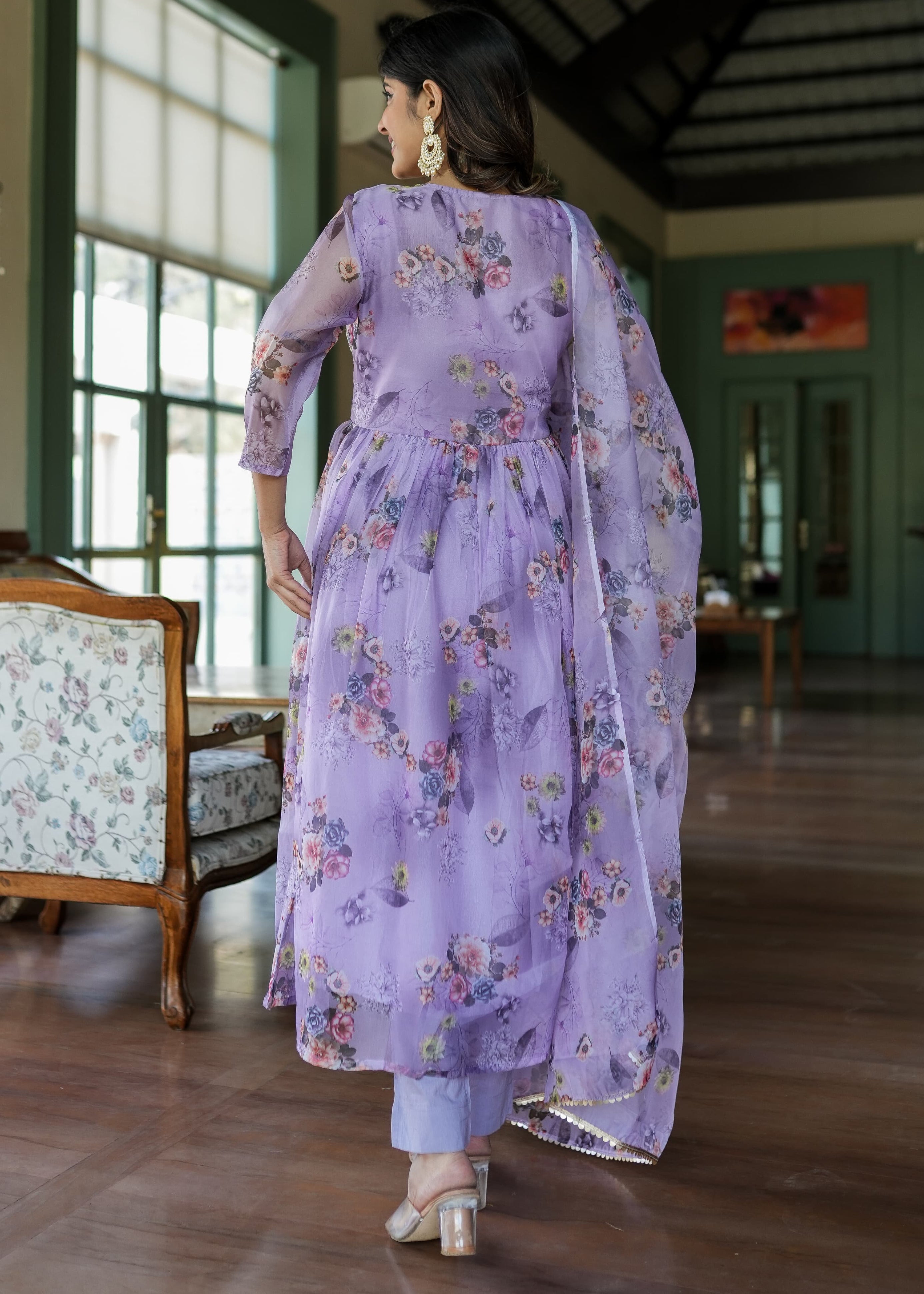 Organza Anarkali Suit Set Adorned With Elegant Purple Floral Motifs